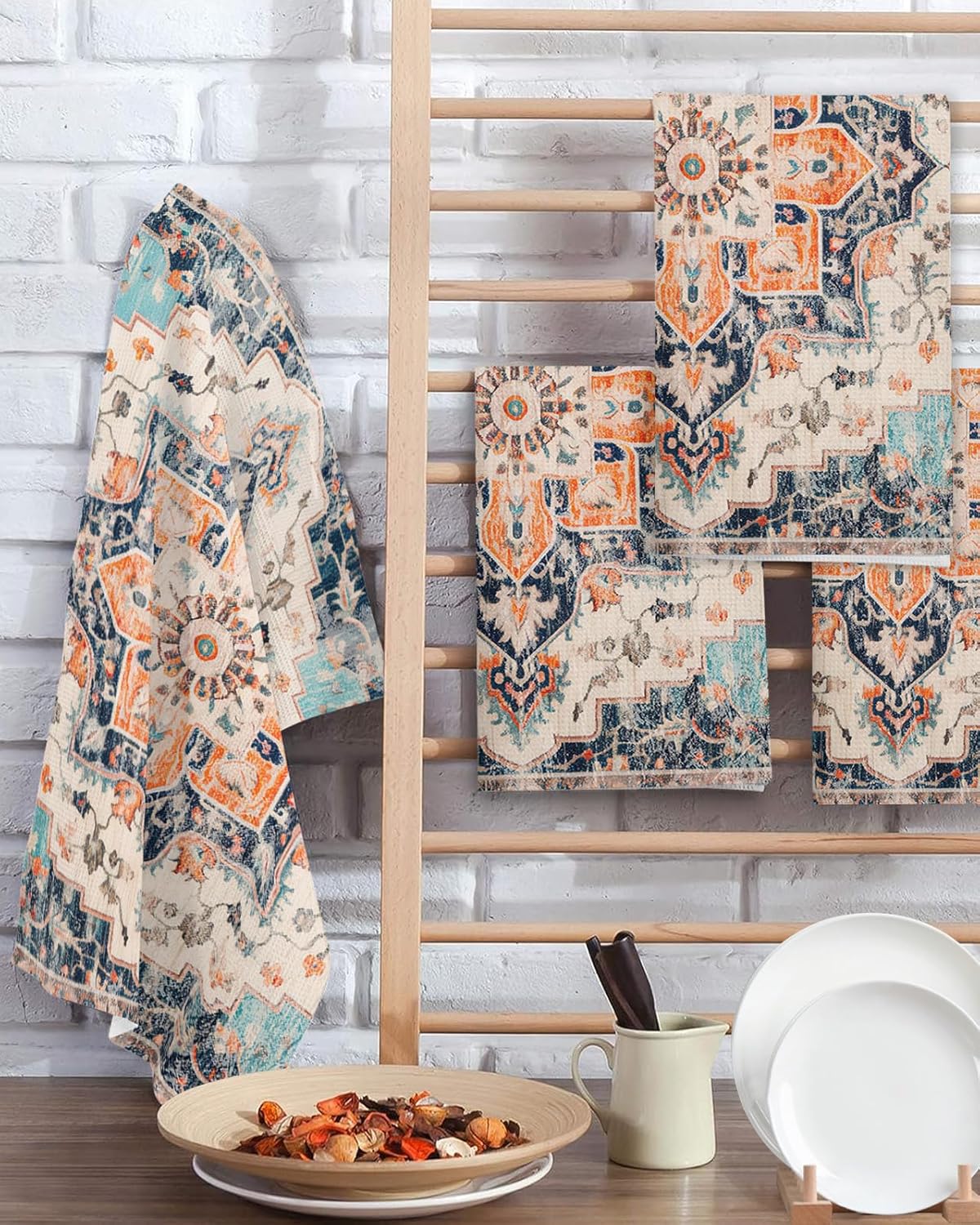 Microfiber Dishcloths for Kitchen, Boho Oriental Medallion Retro Distressed Bohemian Quick Drying Absorbent Waffle Weave Dish Towels Lint Free Kitchen Towels Dish Rags Reusable Cleaning Cloths, 4 Pack