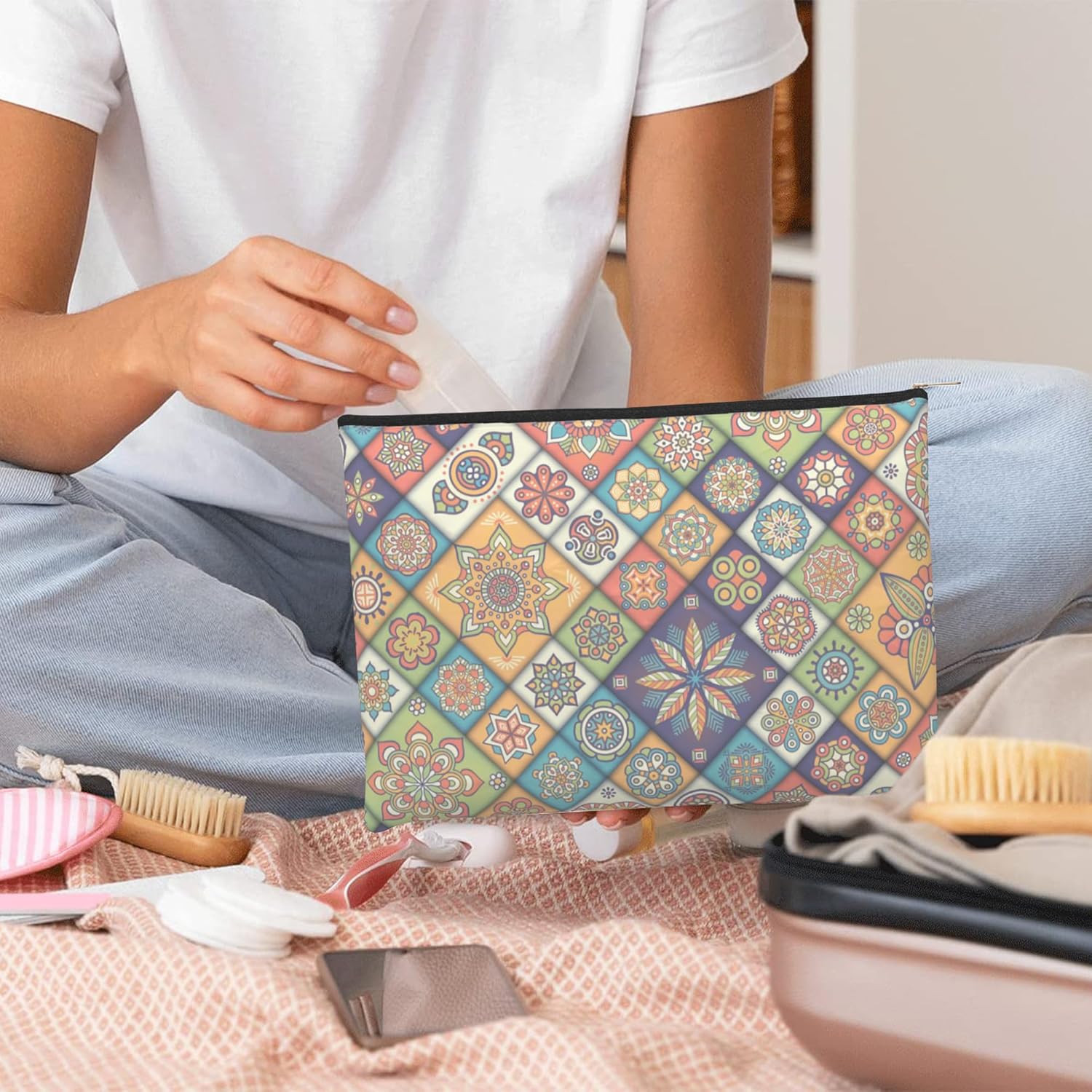 Makeup Bag for Women Oriental Tile Small Makeup Pouch Waterproof Funny Cosmetic Bags Zipper Travel Toiletry Bags - Image 6