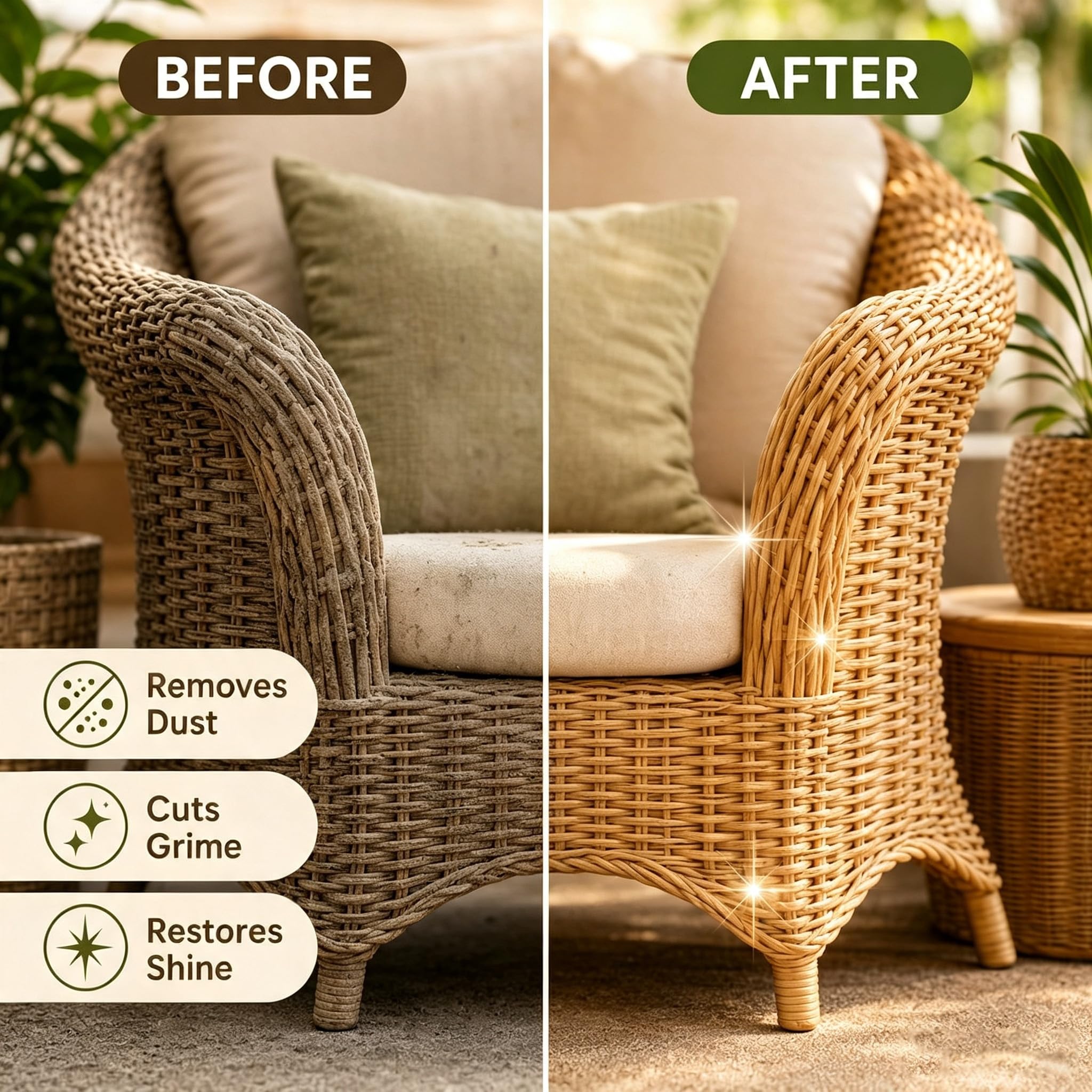 Limpiador y pulidor para rattan – restaura brillo en sillas (5pcs) | Para muebles de mimbre, rattan y tejidos. Uso interior/exterior. Pulverizar y limpiar. Elimina polvo, suciedad. 100 g. 3 años