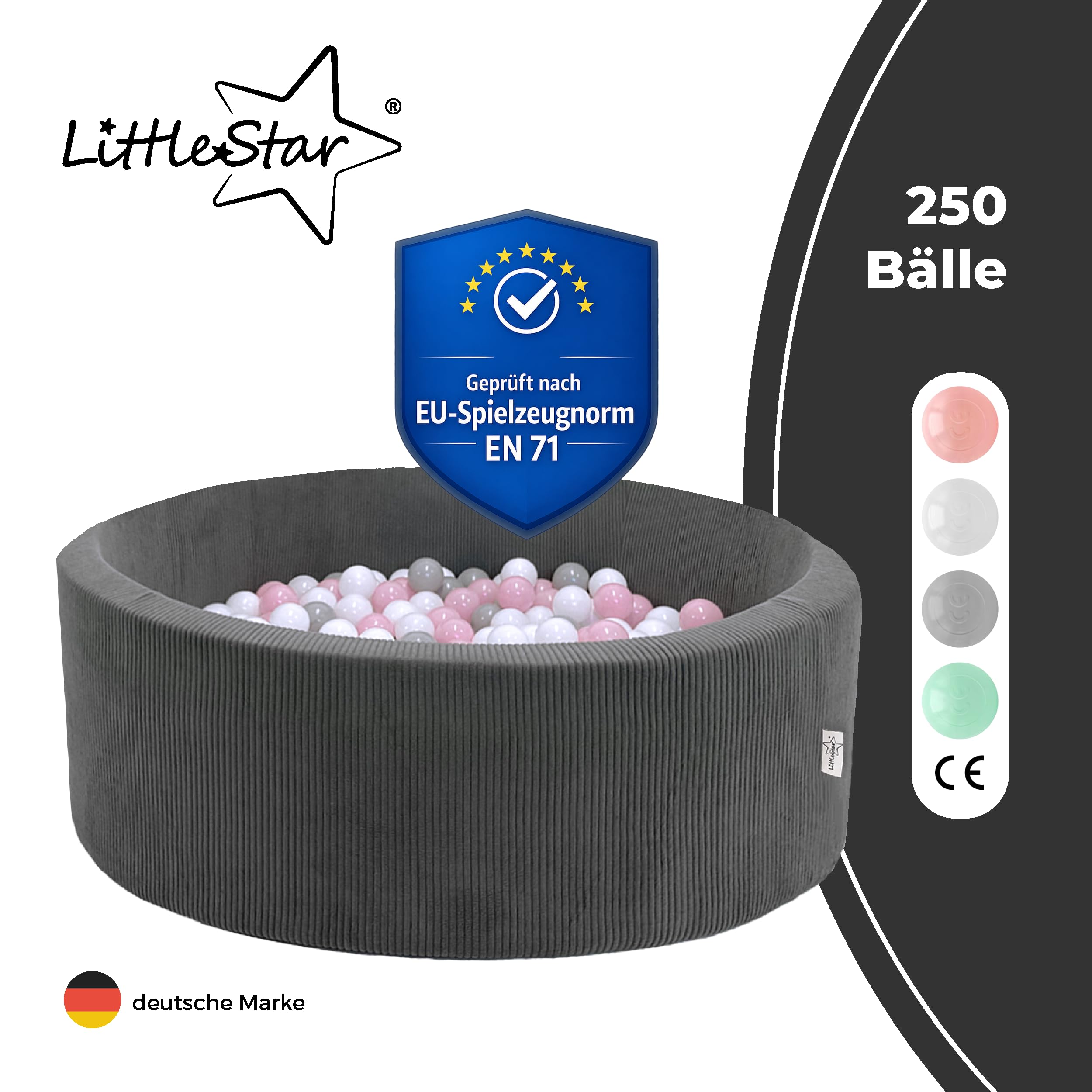 LittleStar® Bällebad mit 250 BPA-freien Bällen für Babys & Kleinkinder ab 10 Monaten | Geprüfte Sicherheit | Waschbar & Rutschfester Boden | grau, 90 x 30 cm, rund | Bälle: Mint-grau-weiß