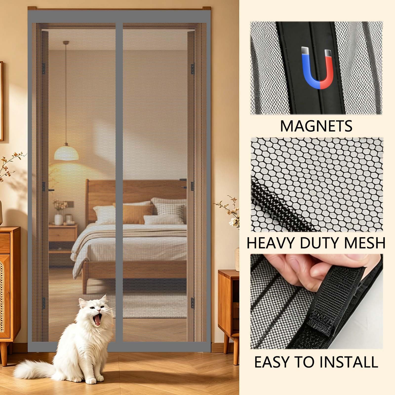 Moskitiera Na Drzwi 110 x 214 cm Mocne Magnesy, Montaż Bez Wiercenia, Automatyczne Zamykanie Moskitiera Siatkowa Magnesami, Przeciwko Komarom Muchom Do Frontowe I Tylne, Szary