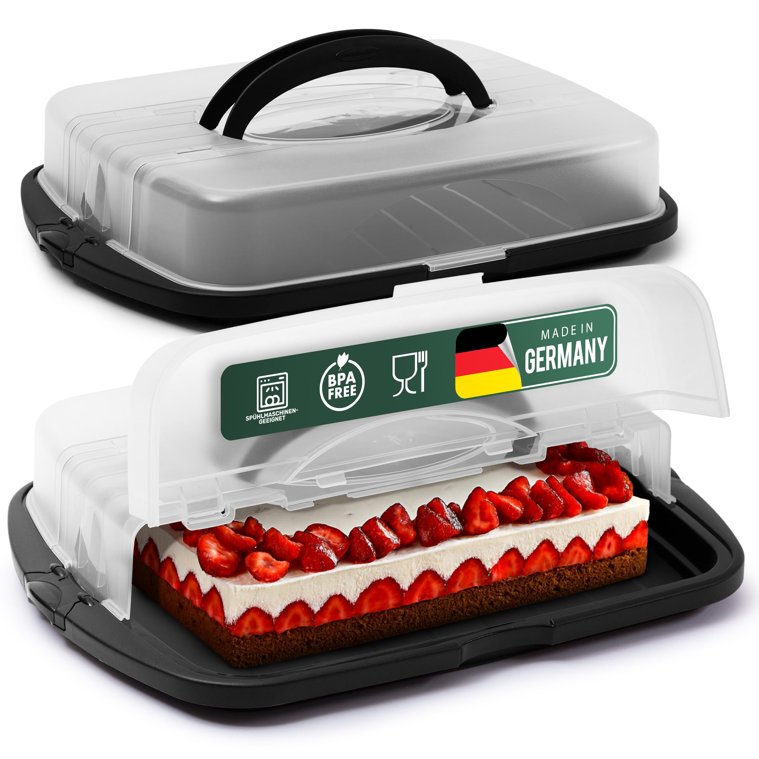 Novaliv 2x Kuchen-Transportbox XL (Rechteckig 47 x 35 x 11 cm), Aufbewahrungsbox aufklappbar, Party-Box Container Tortentransportbox Tortenbehälter Behälter, Kuchen Torten Muffins Desserts Buffet