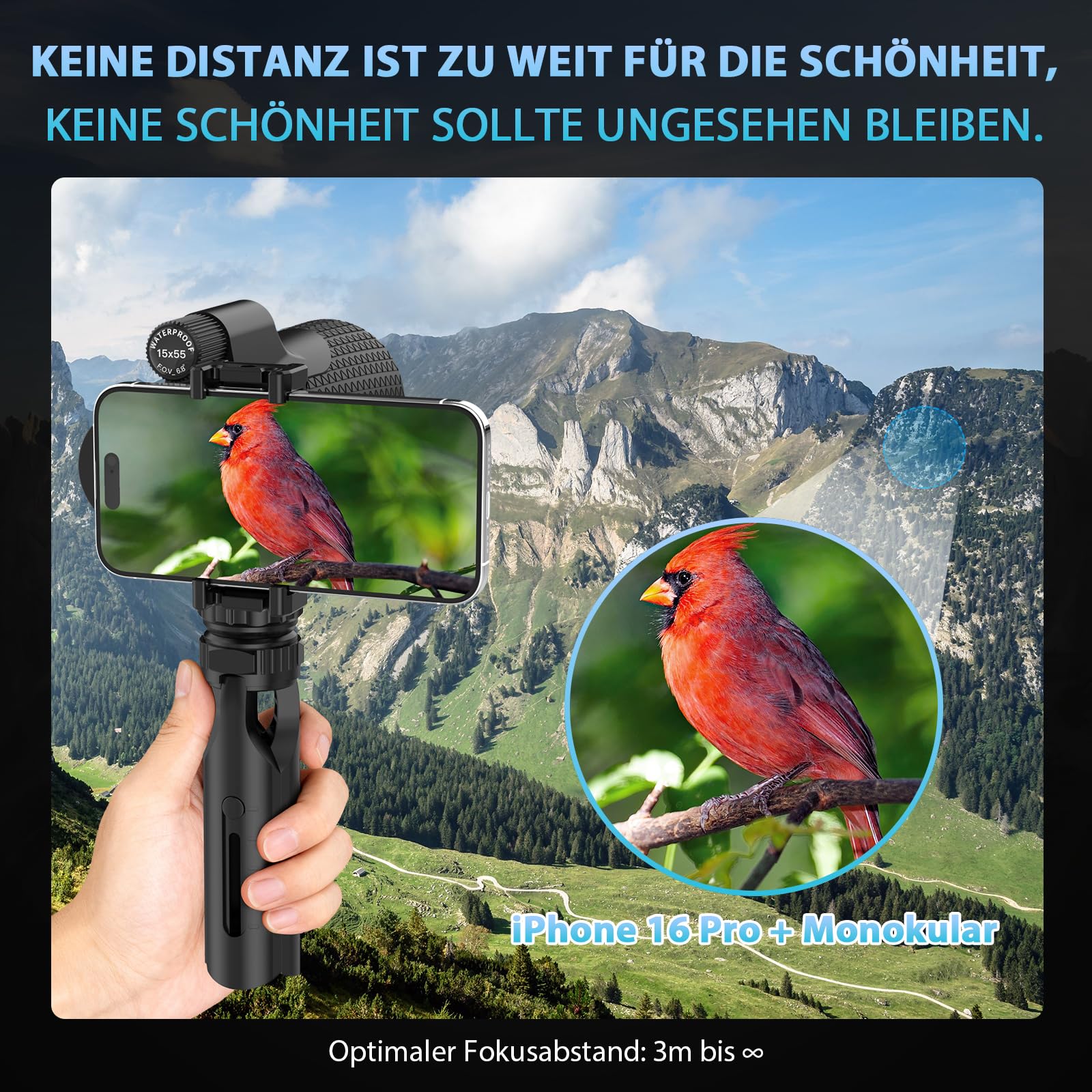 Sogries 15x55 Monokular Fernglas HD mit BAK4 Prisma & FMC Linse, Spritzwassergeschütztes Fernrohr inkl. Höhenverstellbarem 360° Stativ & Handyadapter für Vogelbeobachtung, Wandern & Reisen