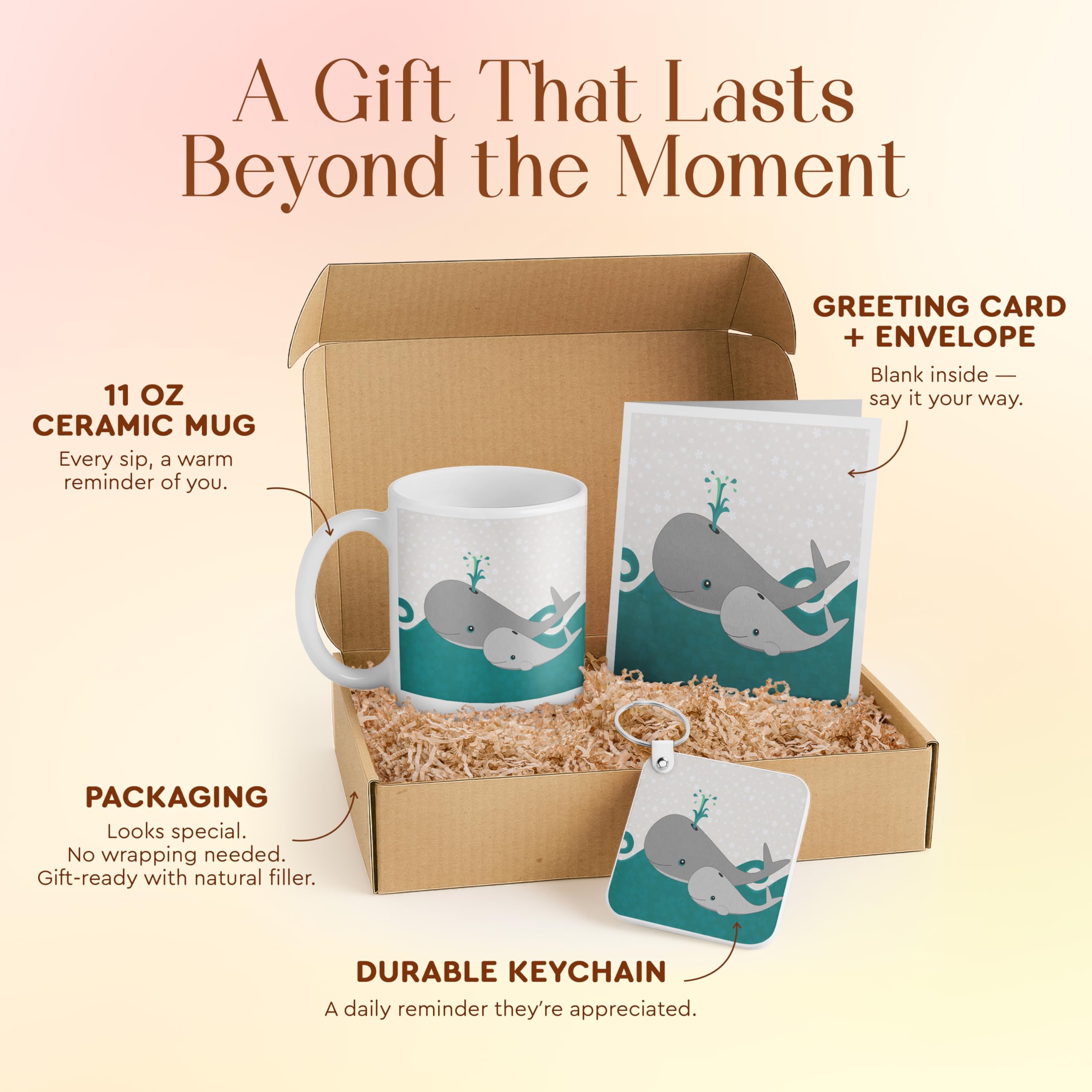 3dRose Cute Whale Gift Set for Kids - Mug, Card, and Keychain - Perfect for Birthdays and Friendship