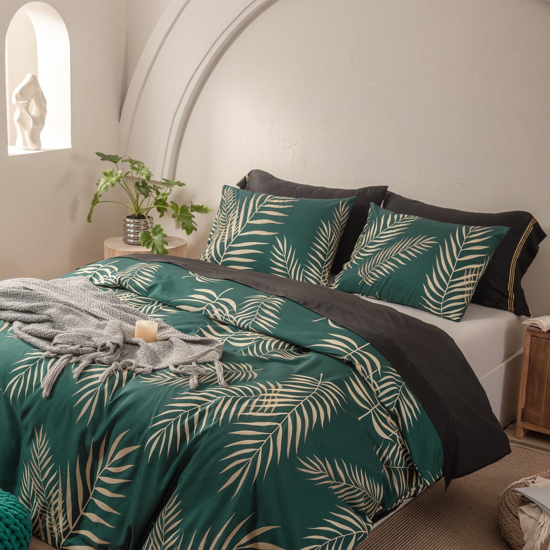 Copripiumino 240 x 260 foglie di palma tropicali, motivo oro verde, set di morbido microfibra, letto matrimoniale e biancheria da letto matrimoniale, con cerniera con federe, 65 x 65 cm
