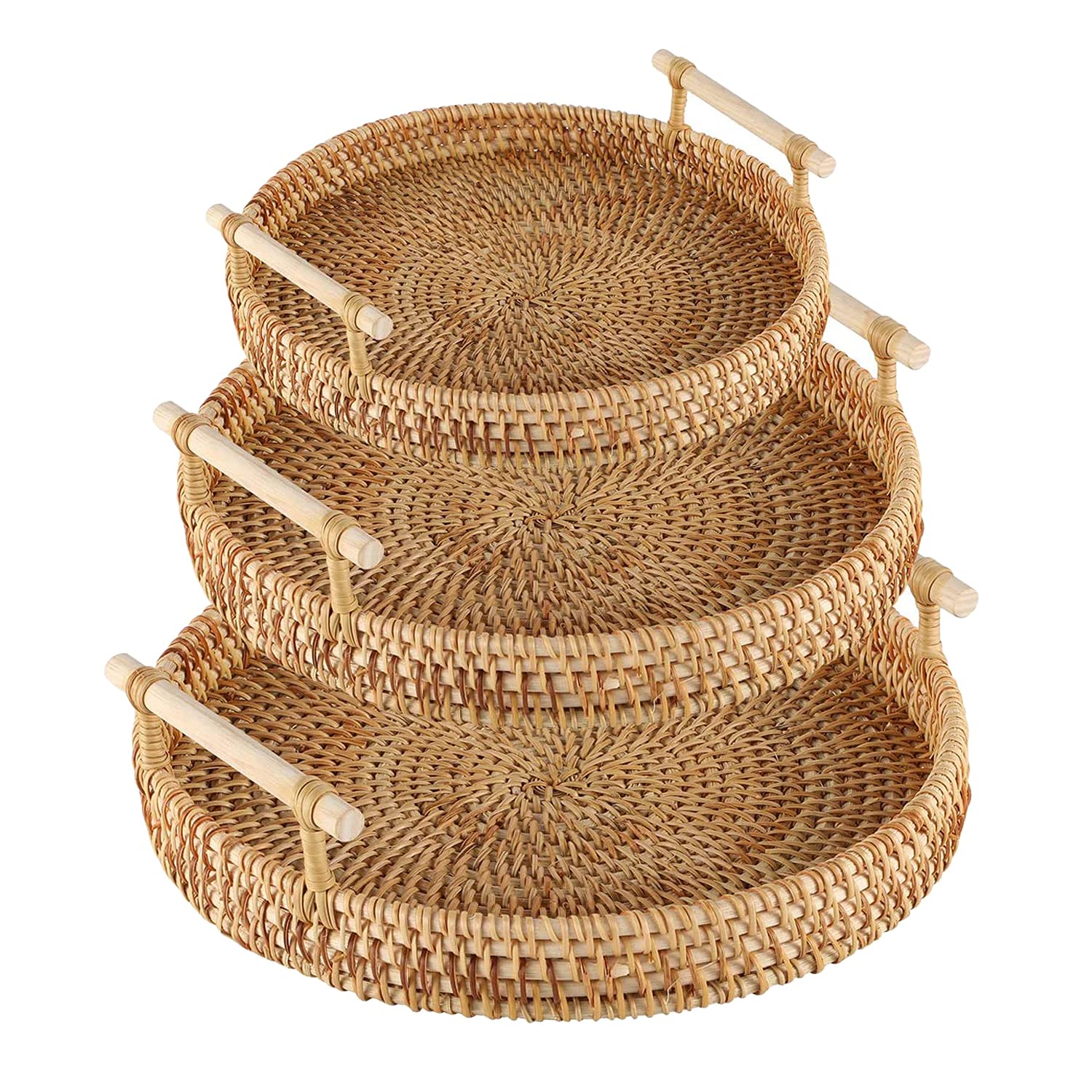 RO Handmade Rattan Serving Tray, Woven Basket With Handles, Wicker Cracker Tray for Bread, Fruit, Food, Coffee, Breakfast Display (3-Piece Set)