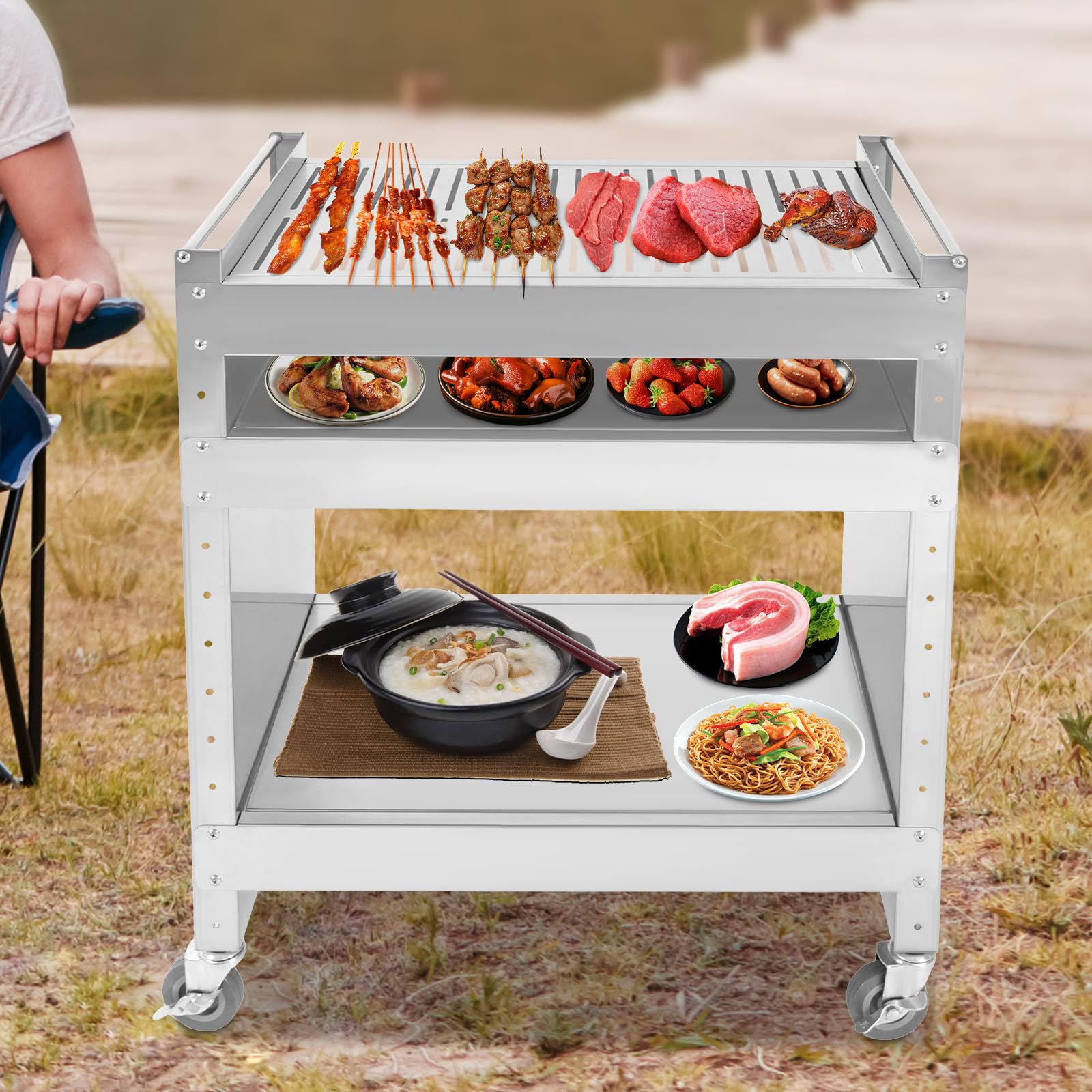 Wózek grillowy, 3-piętrowy stół do grillowania ze stali nierdzewnej z 4 kółkami, nośność 30 kg, regulowane półki, na spotkania rodzinne, wieczory przy grillu w ogrodzie, 59 x 40,5 x 82 cm