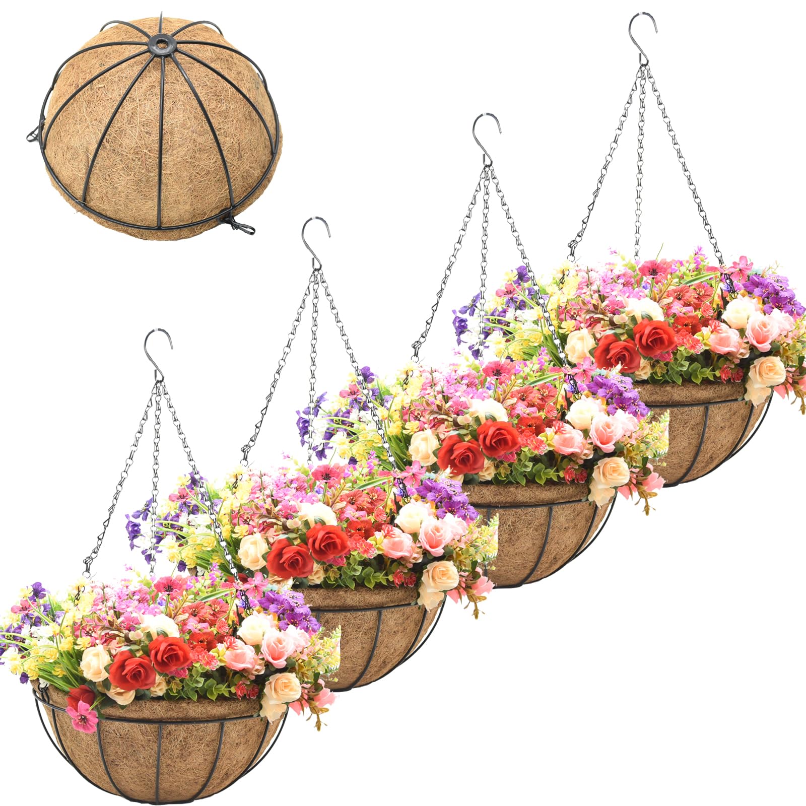 4 Pack 12 Inch Hanging Baskets for Plants Outdoor Metal Hanging Planter Basket with Coco Coir Liner Hanging Flower Baskets Hanging Flower Pots Holder for Garden, Patio(Watermelon)