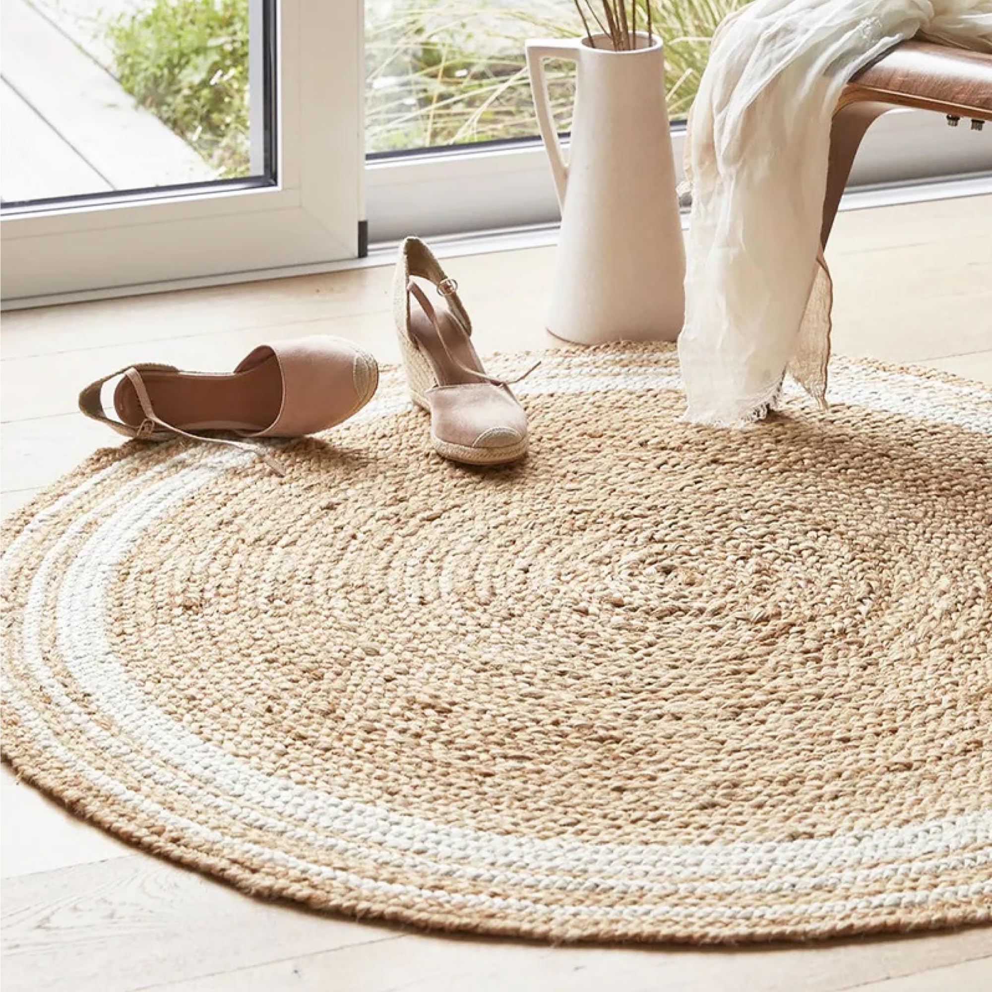 Habere India-All the Cultures Fabricating India Round Floor Mat | Rug for Living Room | Jute Centre Table Carpet (White, Round, 3 * 3 FT)