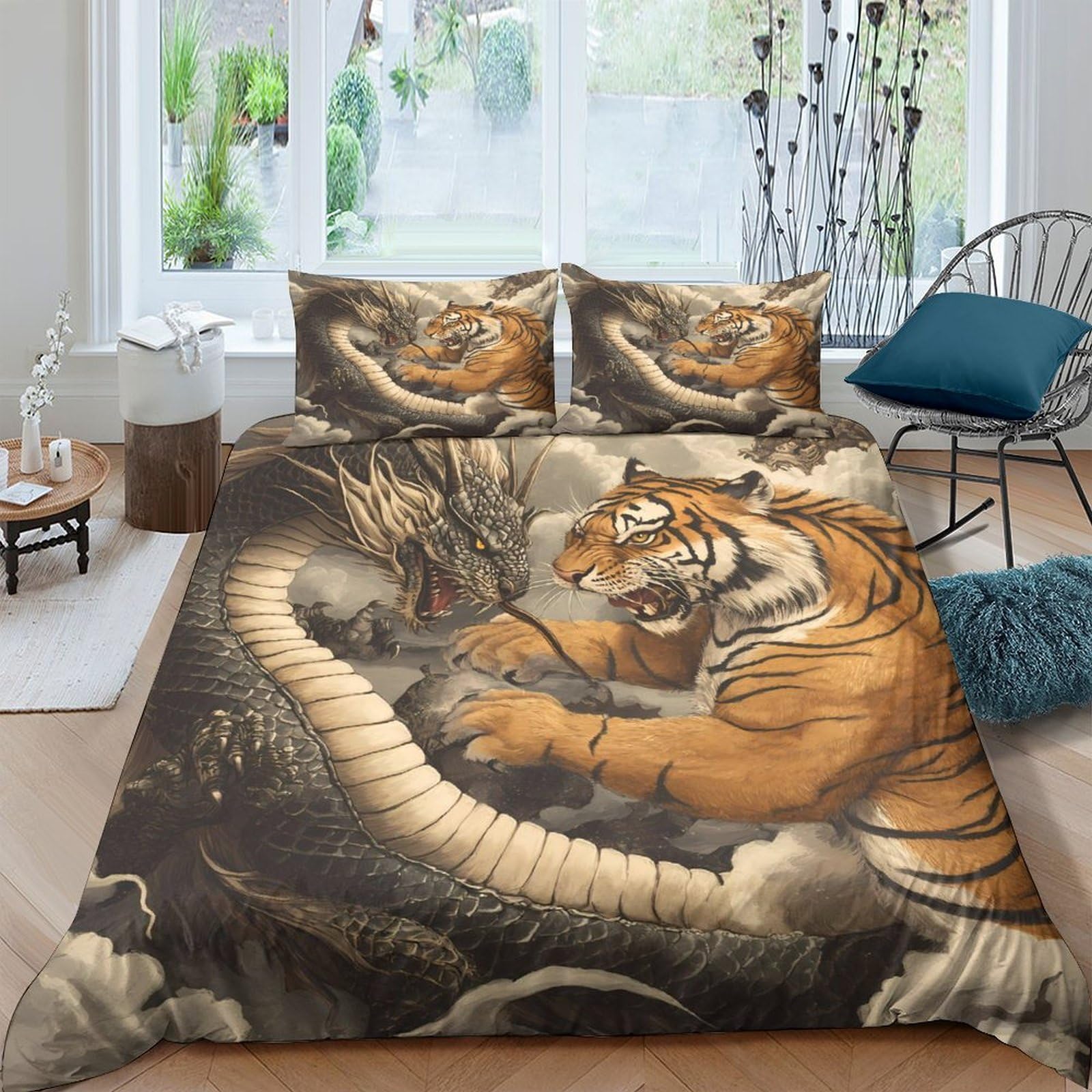 Ctjqhvkz Style-2 3D Printed Tiger Dragon Fitted Sheet Microfiber Soft Anti-Slip Bed Cover For Bedroom Guest Room Dorm Decor Single（135X200cm）