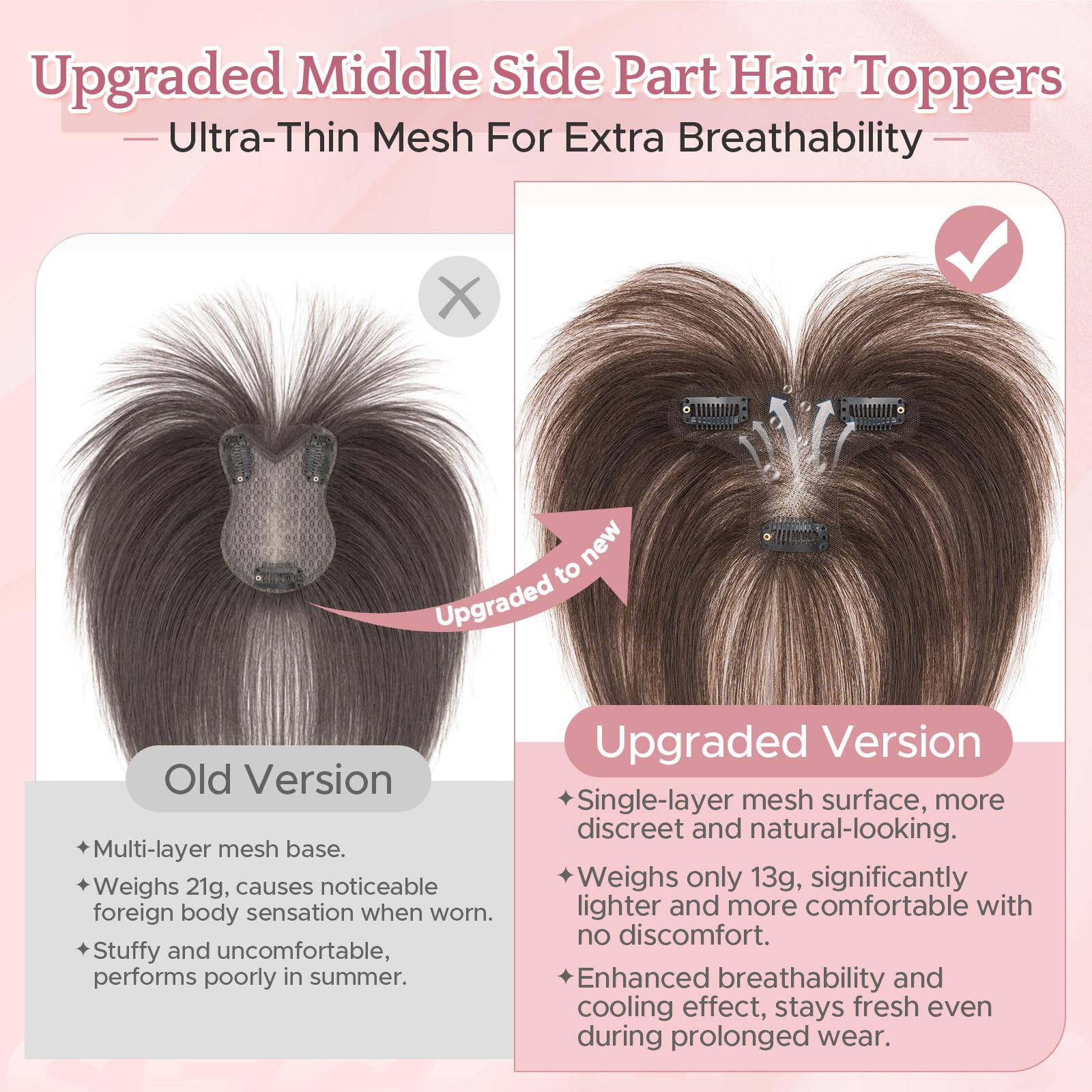 Echthaar Hair Topper für Frauen mit Wispy Pony - Mittelbraun/Dunkelblond Toppers 100% Echtes Haar Clip in Topper Menschliches Haar Top Hat T Spitze Basis für mit Dünnem 13 Gramm
