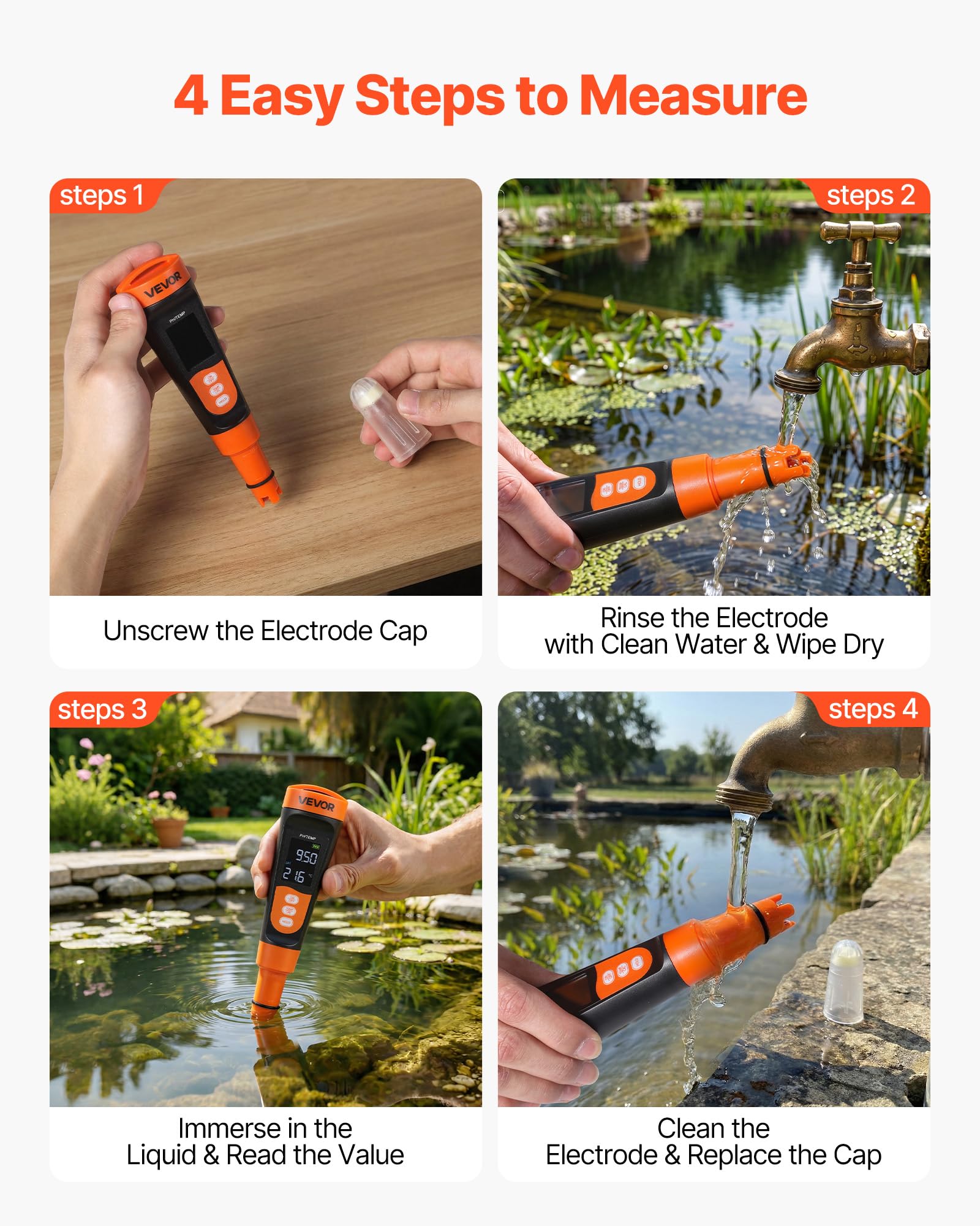 VEVOR pHmetro Portatile, Intervallo di pH 0-14, Sonda Impermeabile IP68, Kit Tascabile con Bustine di Polvere di Calibrazione, Display VA, per Test di Acidità Acqua Potabile Idroponica e Acquario