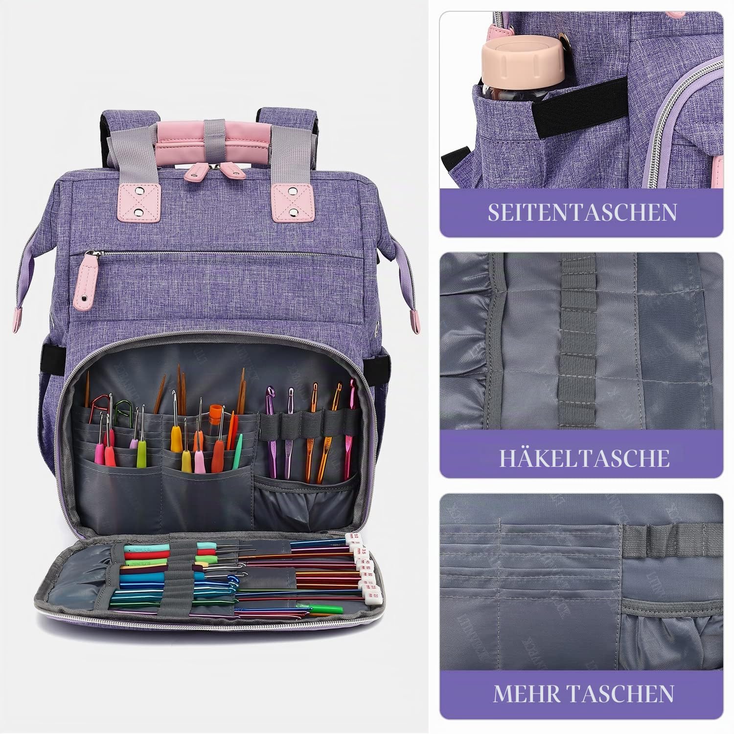 Stricktasche, Rucksack, Garnaufbewahrung, Organizer, Reise-Häkeltasche mit USB-Ladeanschluss, große Kapazität, Garnaufbewahrung, Tragetasche, Garnhalter für Projekte, Stricknadeln, Häkelnadeln, Rosa