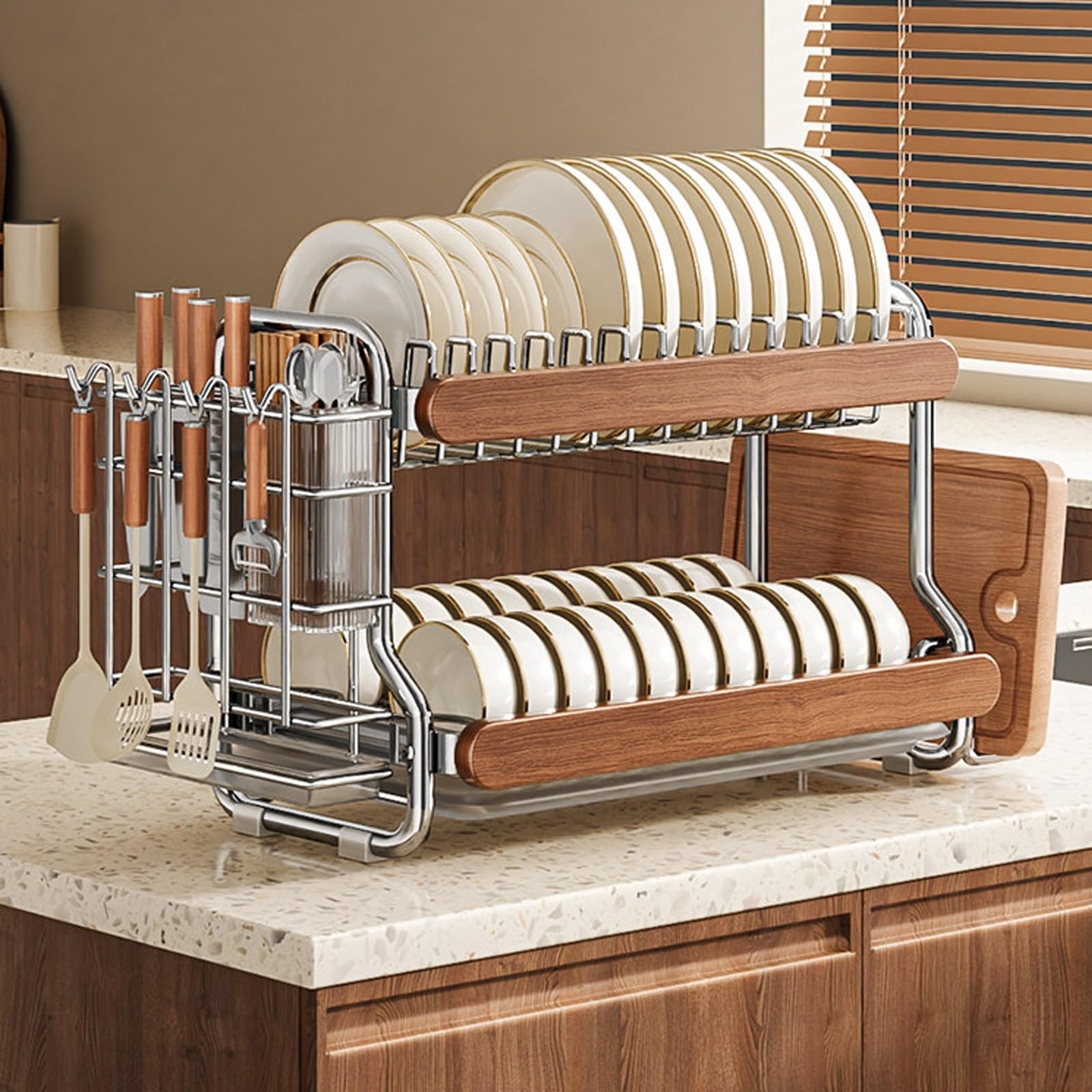2-stöckig Abtropfgestell Geschirr Edelstahl aus Holz, Kompakter Geschirrabtropfständer mit Abtropfschale,Platzsparend für Küche,für Teller, Tassen, Topfdeckel(42 * 31cm)