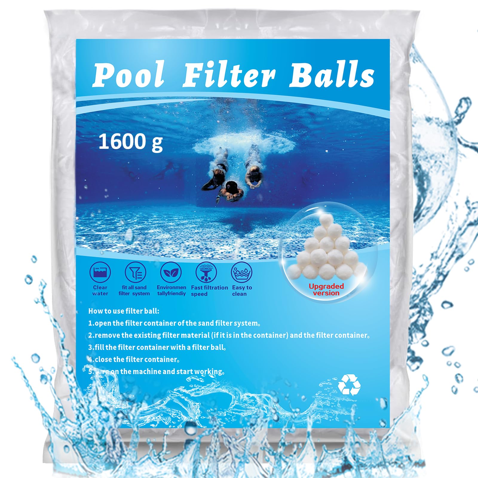 Bolas Filtro Piscina 1600g, Reutilizable Bolsas Filtrantes Piscina para Sistemas de Filtro de Arena, Reemplaza 60 kg Arena de Filtro