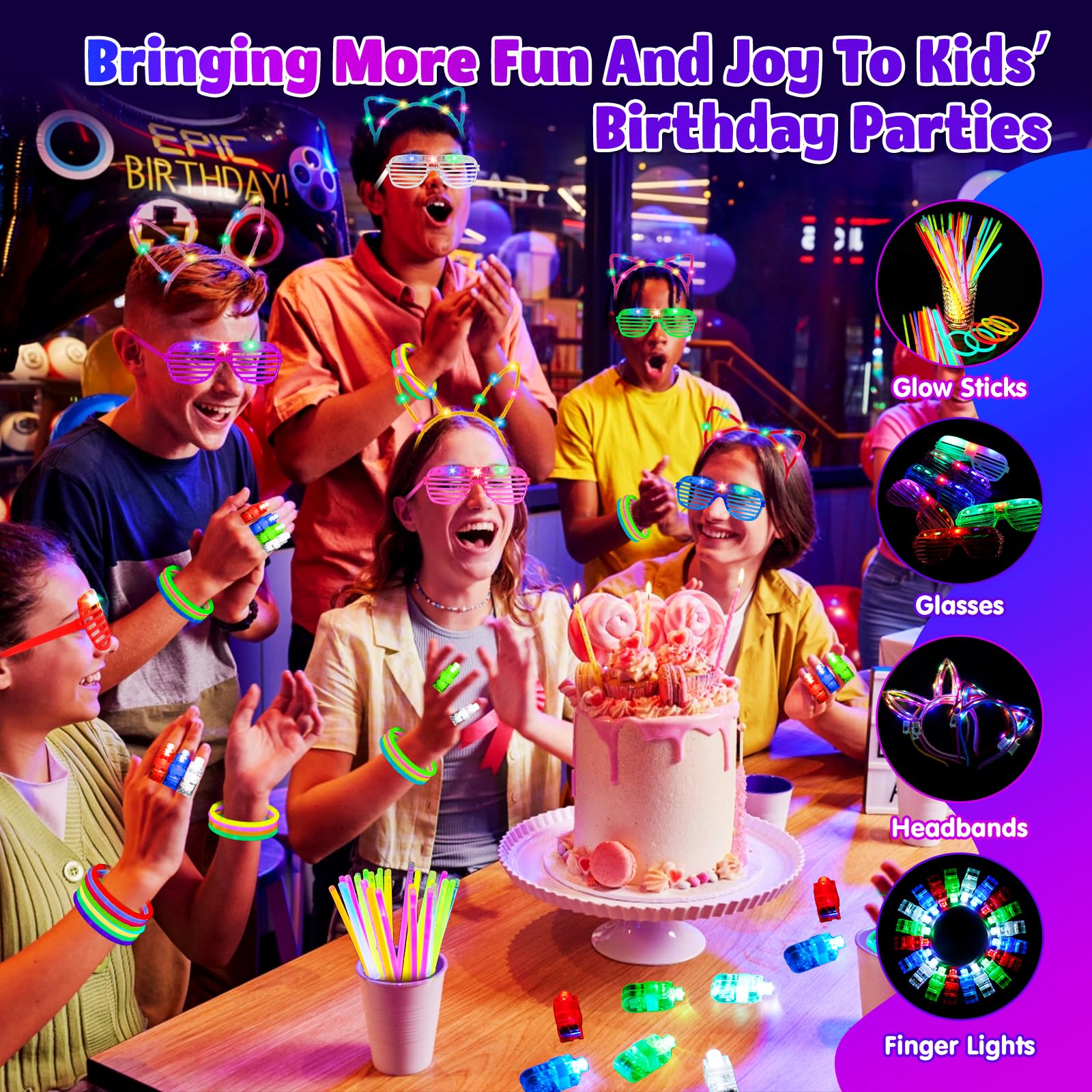 Braccialetti Luminosi Fluorescenti 82 Pezzi, 6 Occhiali Led, 50 Bracciali Luminosi Fluorescenti con 20 Luci da Dito, 6 Fasce Capelli Luminose, Gadget Compleanno Bambini per Festa Matrimoni Carnevale