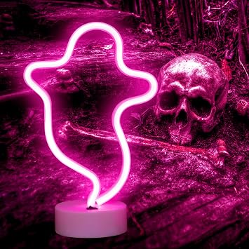 Ghost Neon Signs Halloween Night Lights, LED Signs Ghost Shape Lamp Neon Lights for Nursery Room Wall, Festival, Party Christmas Decor-Ghost with Holder BasePink ...