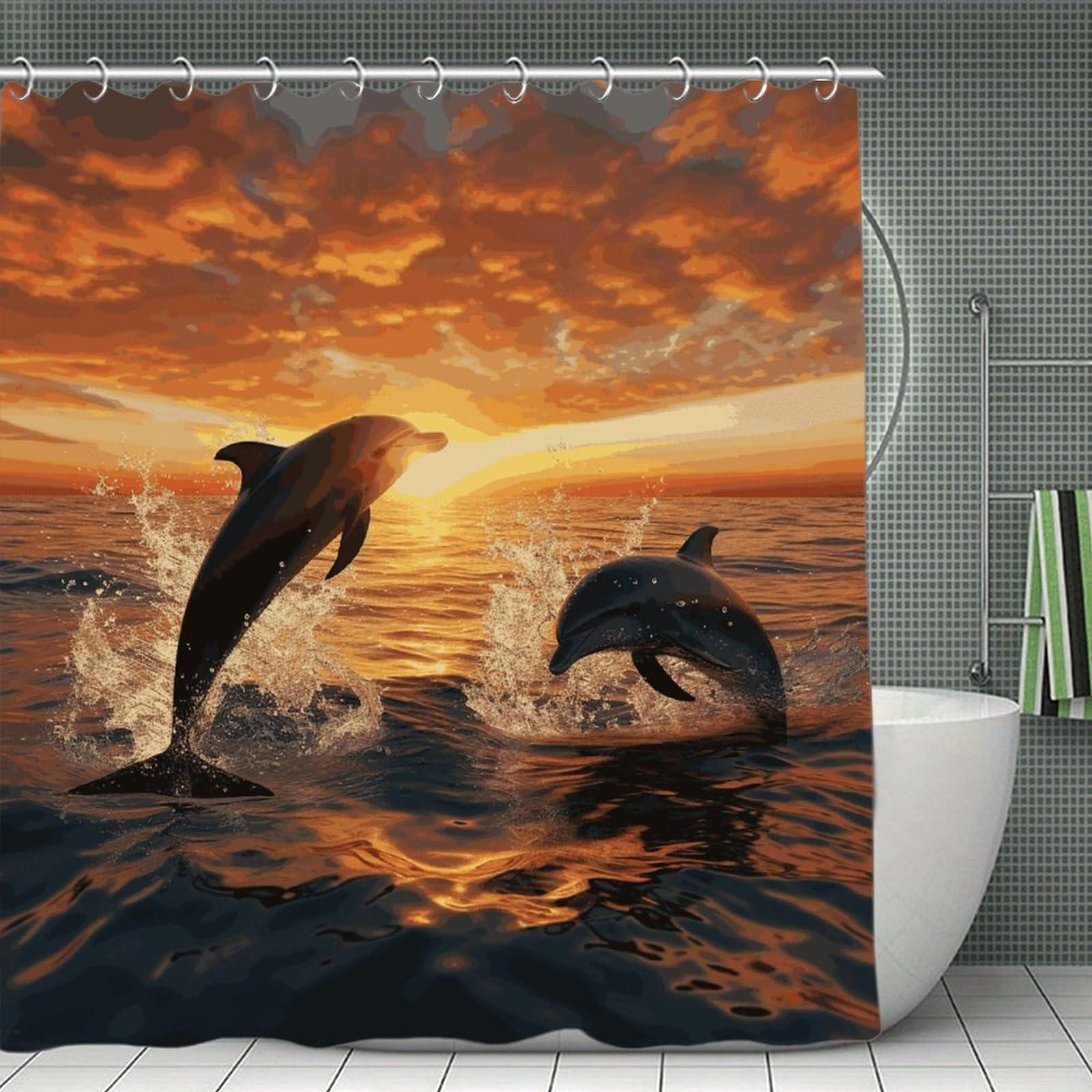 JTREHY Dolphins Jumping Out of The Water at Sunset Shower Curtain Waterproof Bathroom Shower Curtain Machine Washable Bath Curtains Polyester Cloth Bath Curtains for Bathroom Showers 70.8×70.8Inch