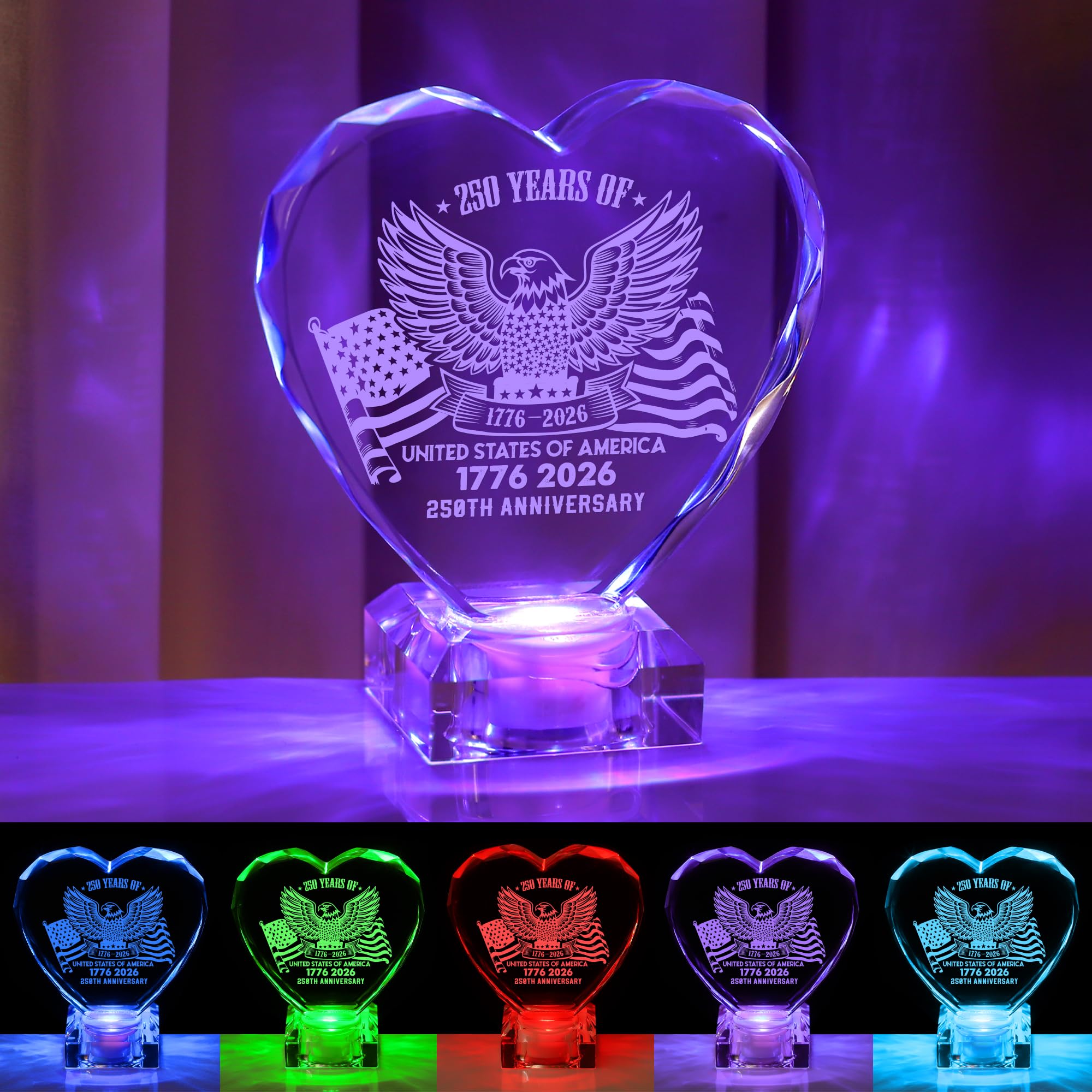 250th Anniversary 1776-2026 Heart Crystal LED Lamp, Engraved Crystal Night Light with Auto Color Changing, USB Powered Desk Decor Lamp for Men Women Veterans History Lovers 250 Anniversary