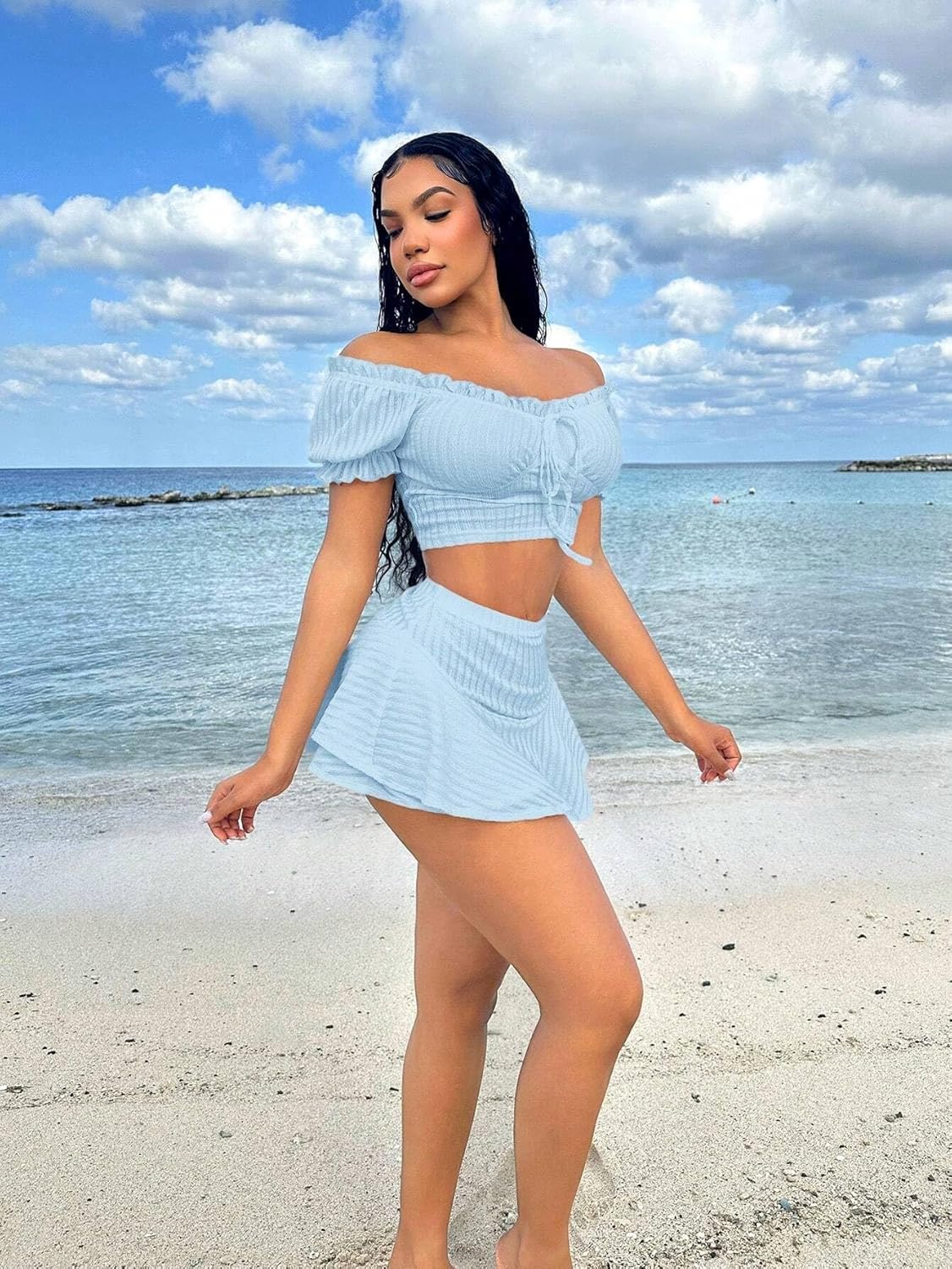 Women's Ruffle Hem Slimming Fit Summer Two Piece Outfit Casual Princess Sleeve Short Set