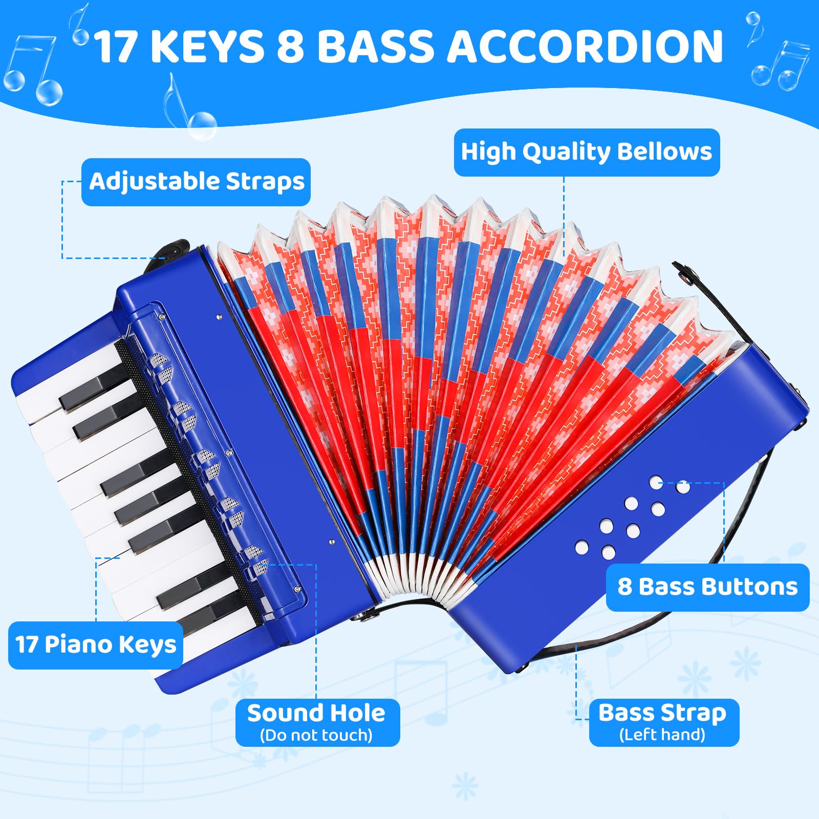 Akordeon dla dzieci, 17 przycisków, 8 basów, harmonijka dla dzieci z regulowanymi paskami do noszenia, dla dorosłych i 3 lata, instrument muzyczny, prezent dla początkujących, niebieski