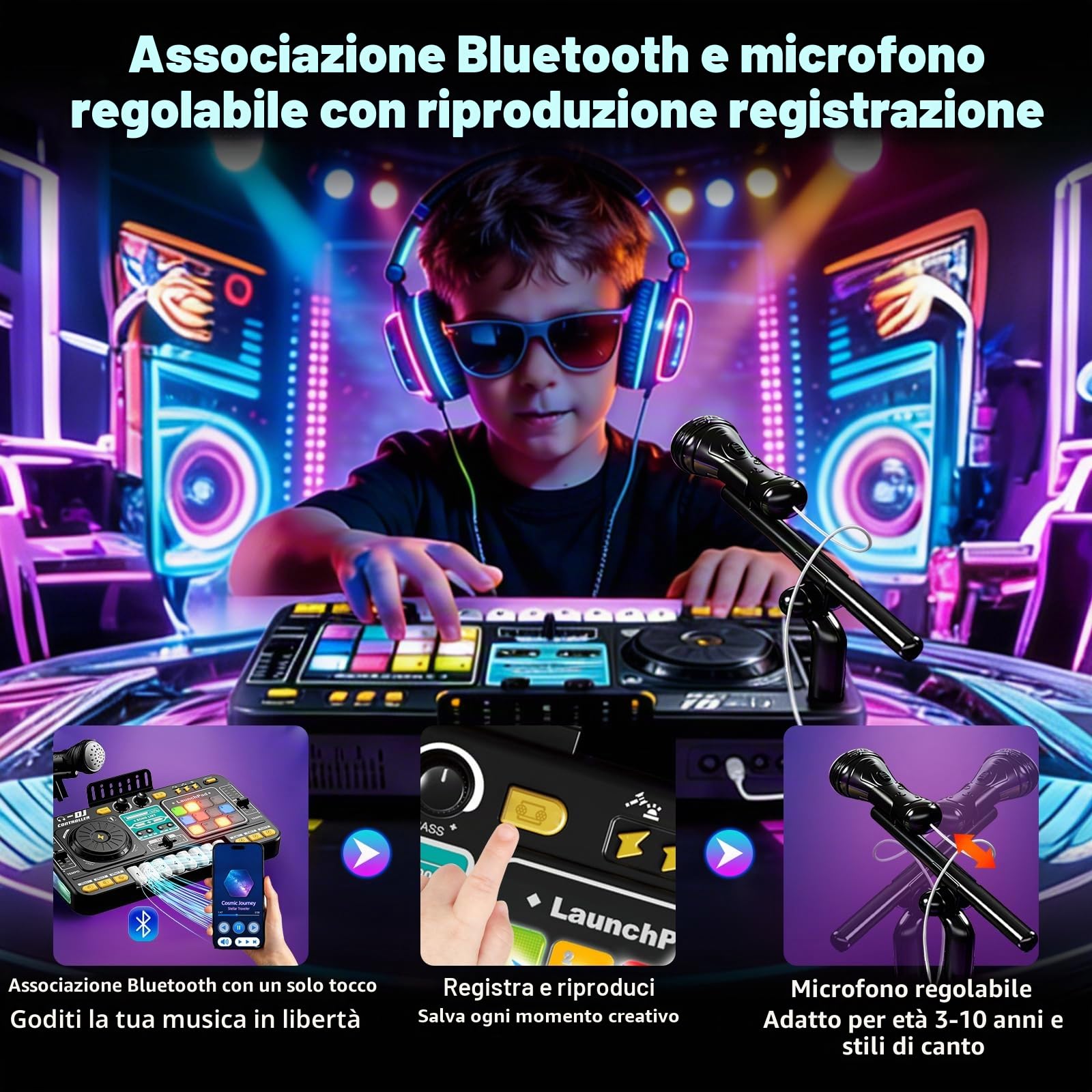 Console DJ Bambini, Mixer DJ Musicale Multifunzione, Kidi Mixer Audio con Bluetooth, Microfono, Giochi di Luci, Ricarica USB, Adatto per Bambini di 3-10 Anni, Giocattolo per Feste in Famiglia