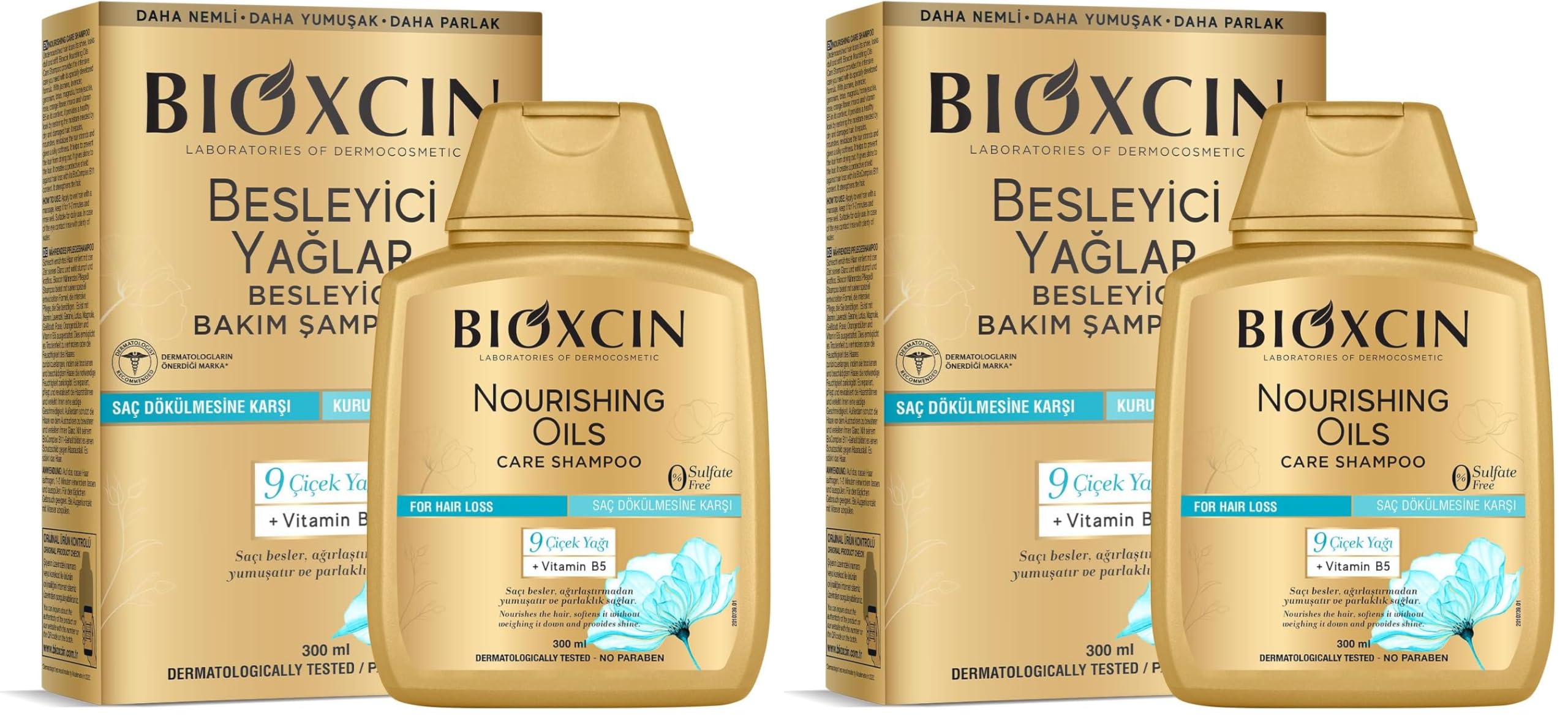 Bioxcin Besleyici Yağlar Şampuan 300 ml – Kuru ve Yıpranmış Saçlar İçin, 9 Çiçek Yağı, Pantenol ve BioComplex B11 İçerikli, Sülfatsız (2 paketi)