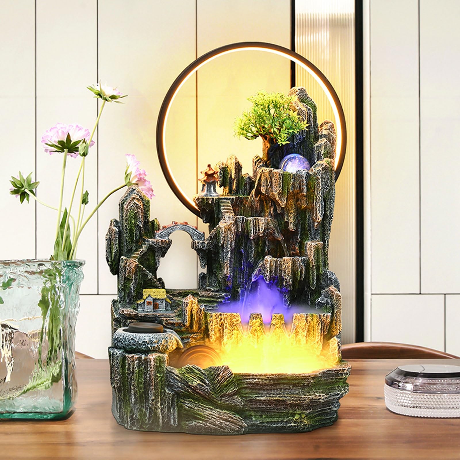 Fuente de agua de escritorio con luz LED y función de niebla para relajación y decoración zen