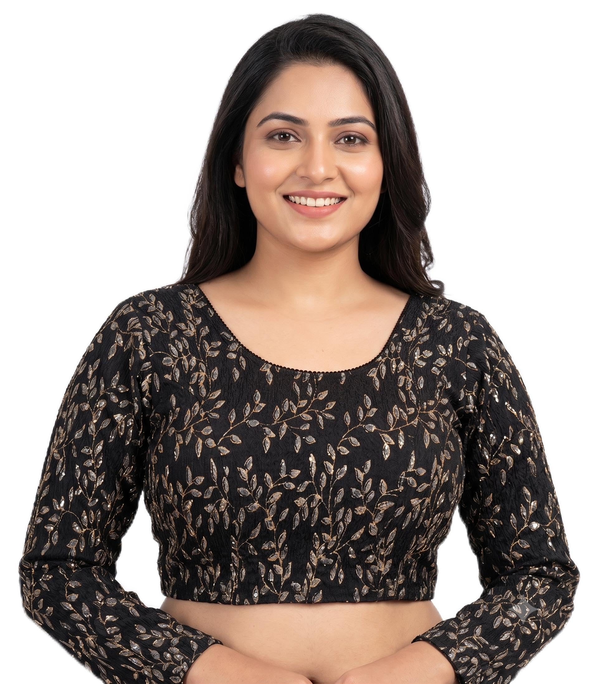 Women's Black Saree Blouse with Gold Leaf Embroidery, Full Sleeve-picture-43