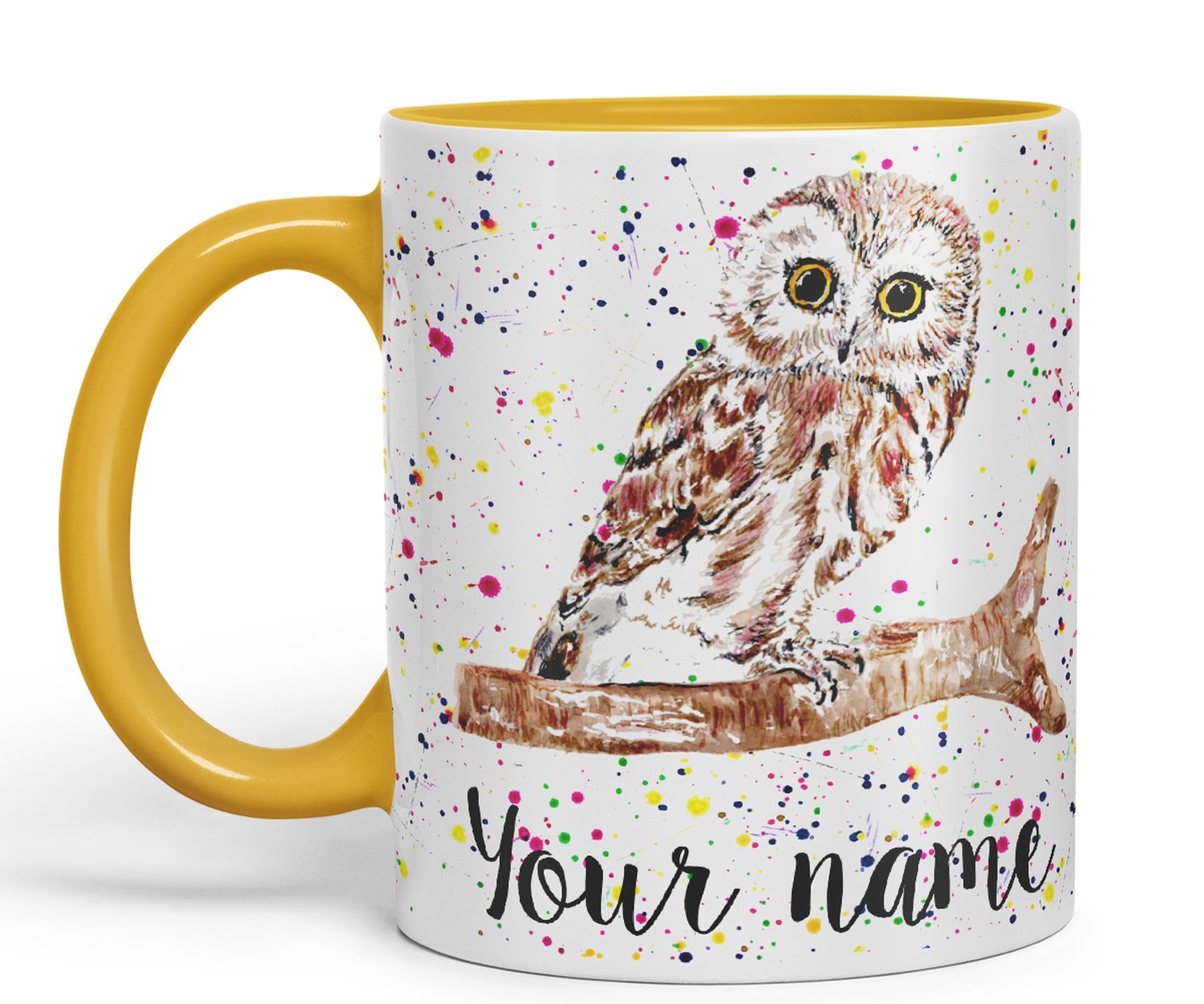 Vixar Personalised with Your Text Owl Bird Watercolour Art Coloured Ceramic Mug Cup Gift 330ml 11oz Custom Work Office Tea Coffee (O2) (G Yellow)