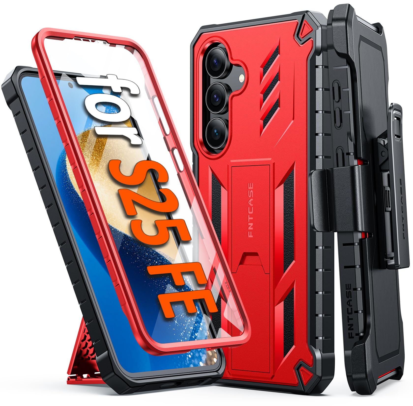 FNTCASE Coque pour Samsung Galaxy S25-FE : coque de téléphone portable robuste de qualité militaire avec béquille et étui | Protection antichoc en TPU mat texturé pour Galaxy S25 FE 6,7" – Rouge