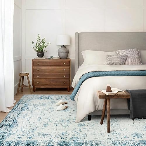 Miniatura 2 de Seavish Alfombra bohemia de 6 x 9 pies para sala de estar, alfombra vintage envejecida azul para dormitorio, pelo bajo, no desprende pelusa,