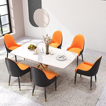 Upholstered Dining Chairs Set of 6,36" Modern Accent Dining Chair with Gold Metal Frame&Backrest,Faux Leather Dining Chair for Living Room/Dining Room/Reception Room Orange+Coffee