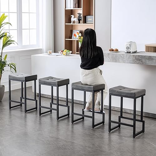 Miniatura 6 de Juego de 3 taburetes de bar de 24 pulgadas de altura de mostrador, taburetes de bar de piel sintética para isla de cocina, taburetes de silla sin