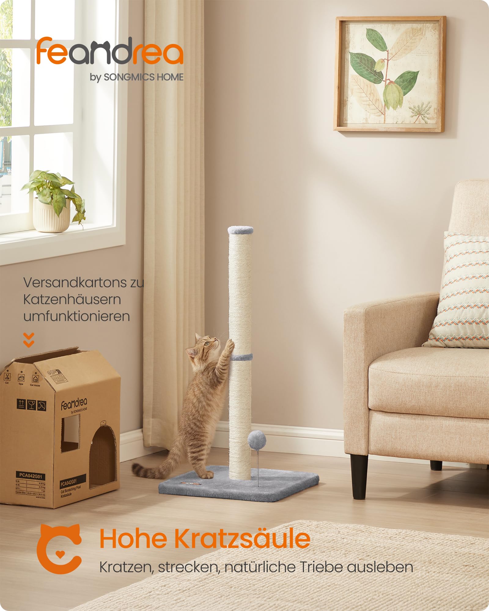 Feandrea Kratzbaum, 85 cm hoch, Kratzsäule, Katzenbaum, Kratzstamm für Kätzchen und Normale ausgewachsene Katzen, Sisalstamm, mit Plüschball und Glocke, Taubengrau PCA040G01