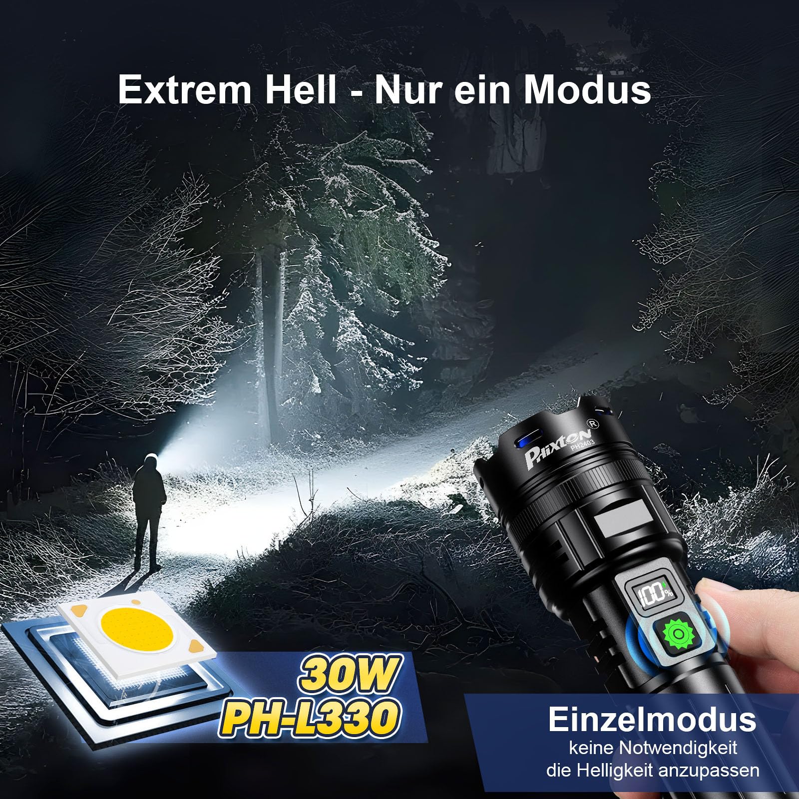 PHIXTON Linterna LED recargable, 1000000 lúmenes, 1 modo de luz, 15 horas