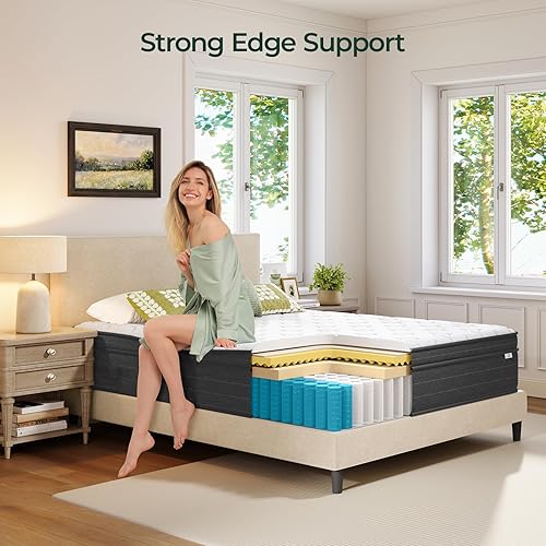 Miniatura 25 de koorlian Colchón Queen híbrido de 12 pulgadas, colchón de cama queen híbrido con resortes individuales y espuma viscoelástica que alivia la presión