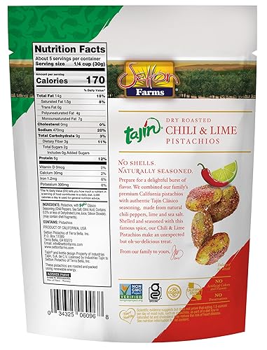 Miniatura 2 de Tajin - Granos de pistacho sazonados  Sin cáscaras  Tajin Clasico Chili Lime  Proyecto verificado sin OMG  Sin gluten  Vegano  Kosher  Bolsa de 5