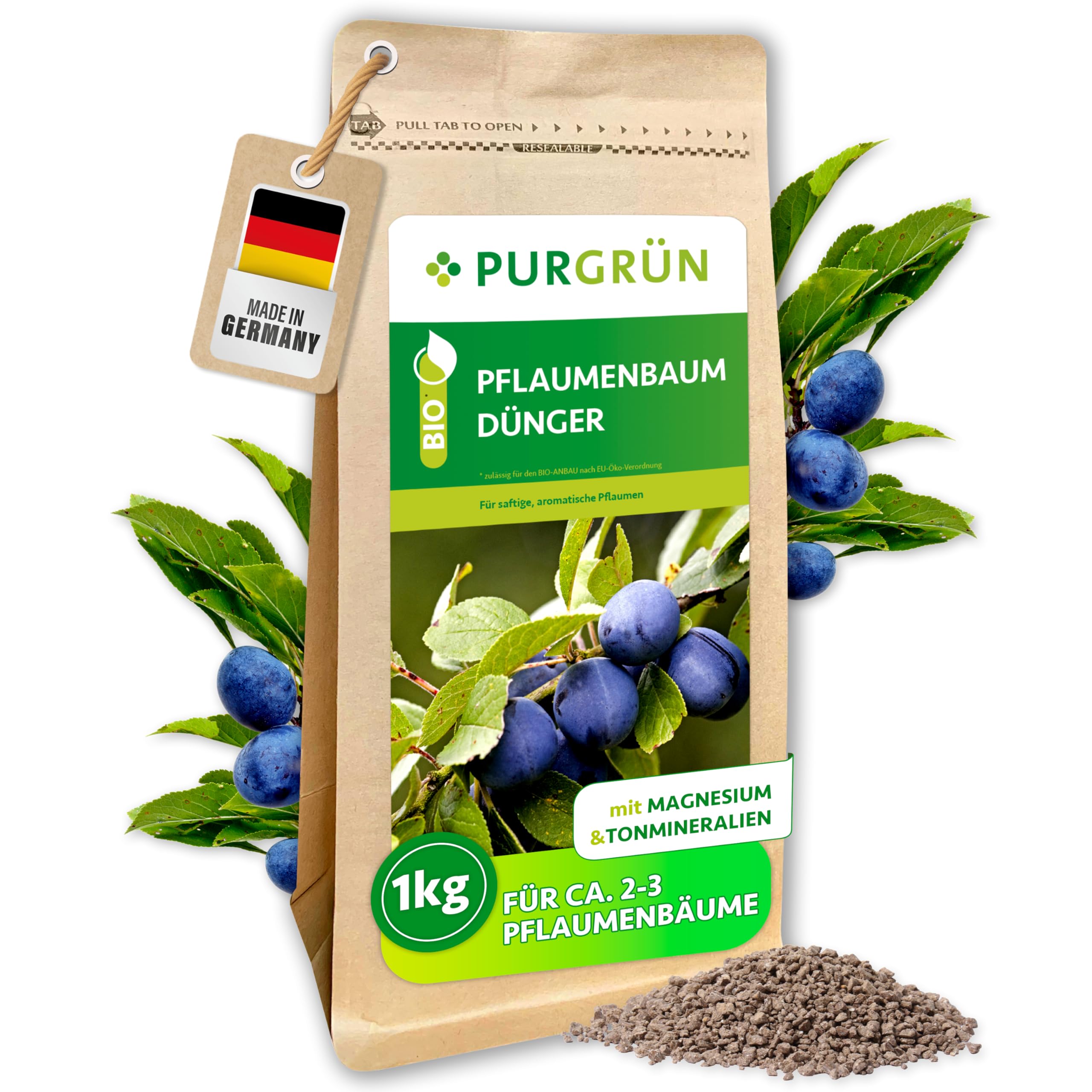 Bio-Pflaumenbaum-Dünger 1 kg – Organisch-mineralische Rezeptur – Feinkörniges Krümelgranulat – NPK 6+3+8 – Mit Magnesium für saftige, aromatische Pflaumen – Verbessert die Bodenqualität