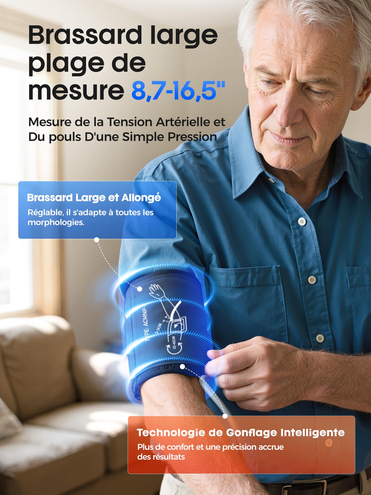 Tensiometre Bras, Affichage Numérique LED le Tensiomètre Bras Professionnel, 3 x 199 Utilisateurs, Appareil Tension Artérielle Bras avec Annonce Vocale en Anglais, Circonférences de Bras de 22 à 42 cm