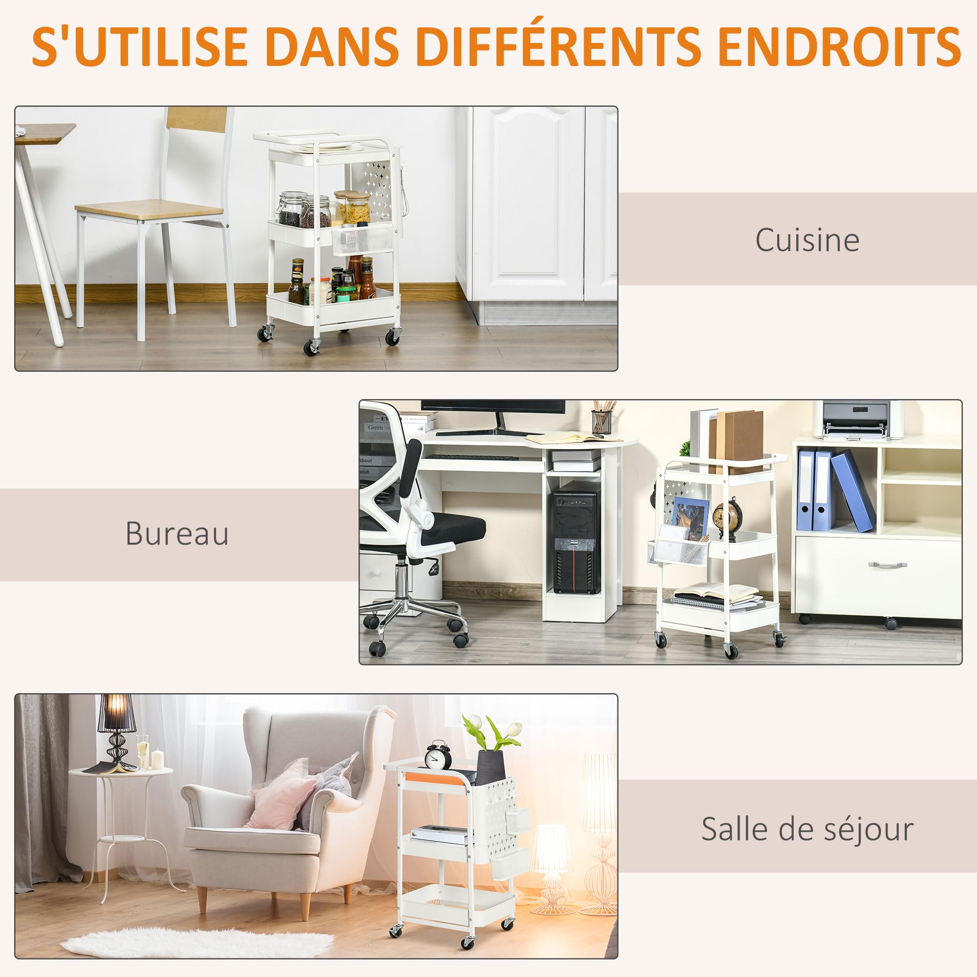 HOMCOM Desserte en Métal 3 Niveaux à roulettes 51,5L x 32l x 75,6H cm Blanc | Chariot de Rangement pour Bureau, Chariot de Service, 2 Range-Couverts, 4 Crochets
