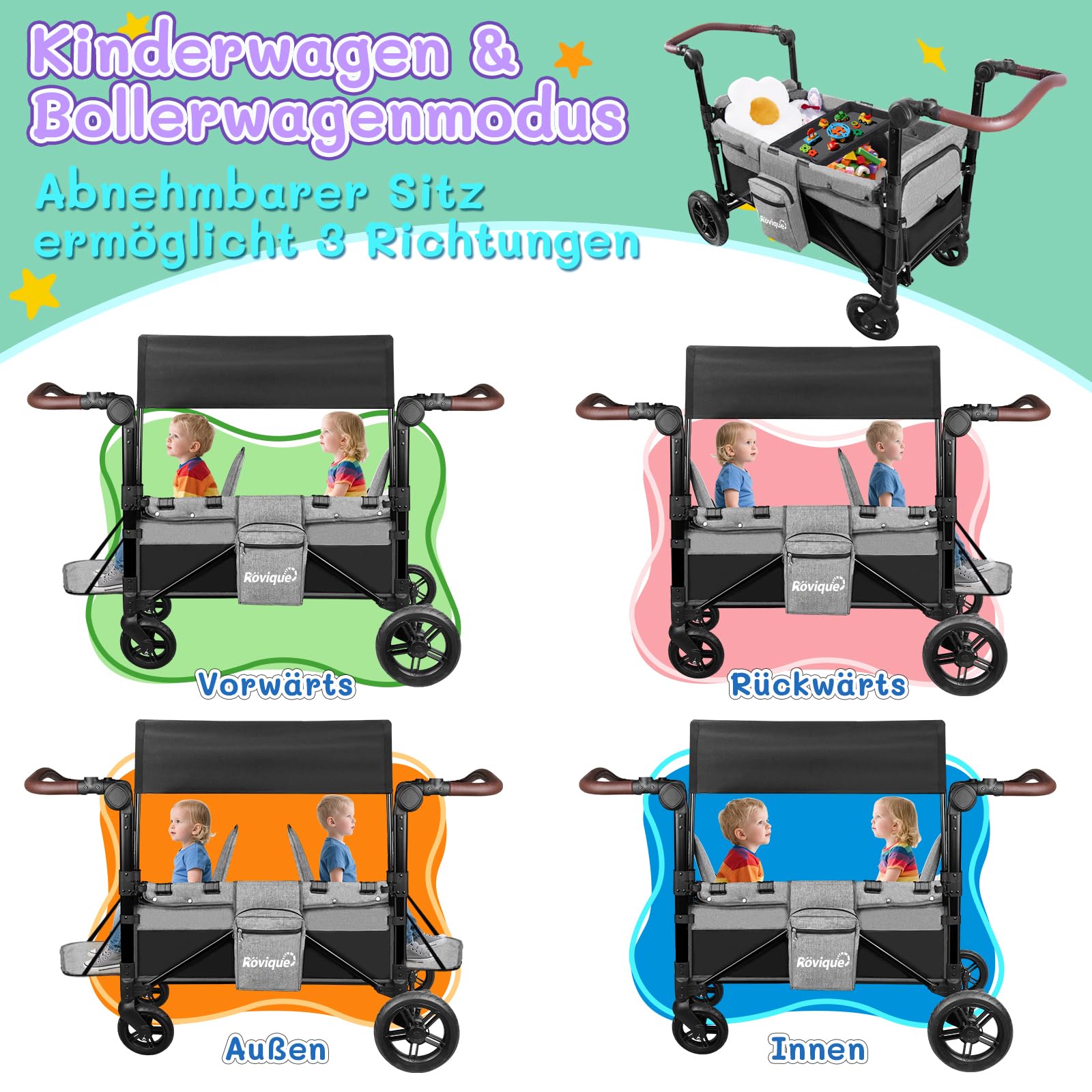 Rovique Bollerwagen faltbar mit 2 Sitze,Premium Bollerwagen für 2 Kinder mit Dach Kinderwagen Handwagen mit 5-Punkt-Gurt,Snack Tablett,Sonnenschutzdach,geländegängigen PU-Rädern,grau