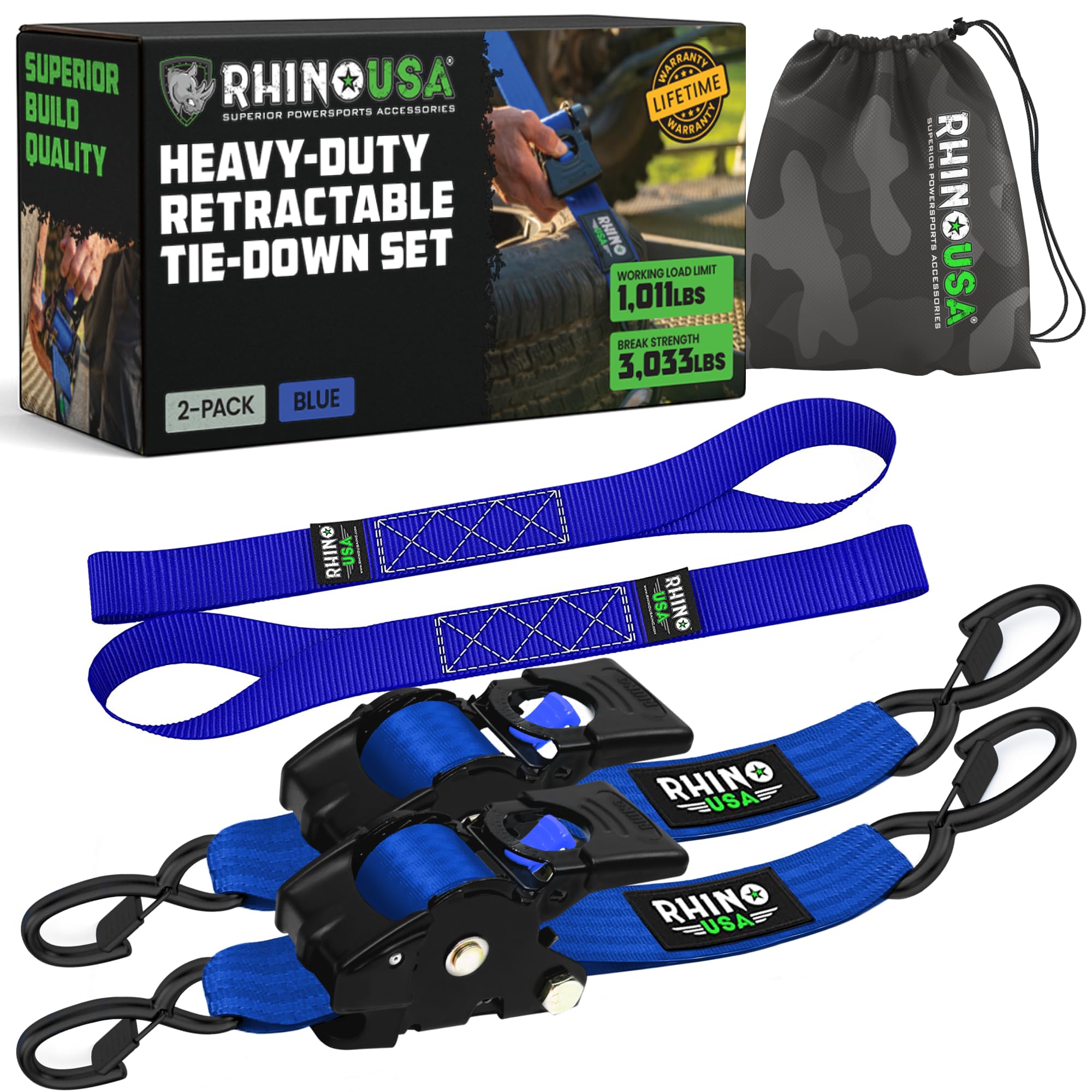Rhino USA Retractable Ratchet Tie Down Straps (2PK) - 1,360kg Guaranteed Max Break Strength, Includes (2) Ultimate 5 cm x 3 m Autoretract Tie Downs with Padded Handles - Blue