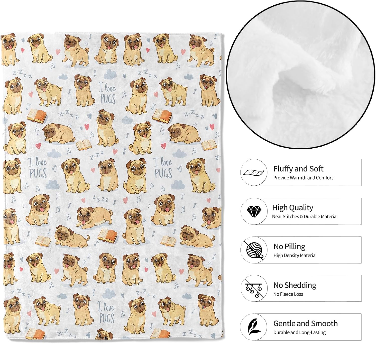 Cute Pug Blanket Soft Lightweight, Playful Cartoon Dog Flannel Throw Blankets for Couch Sofa Camping Office Travel Home Bedroom Decor, Kids Women and Pet Lovers Gifts 60"X50"