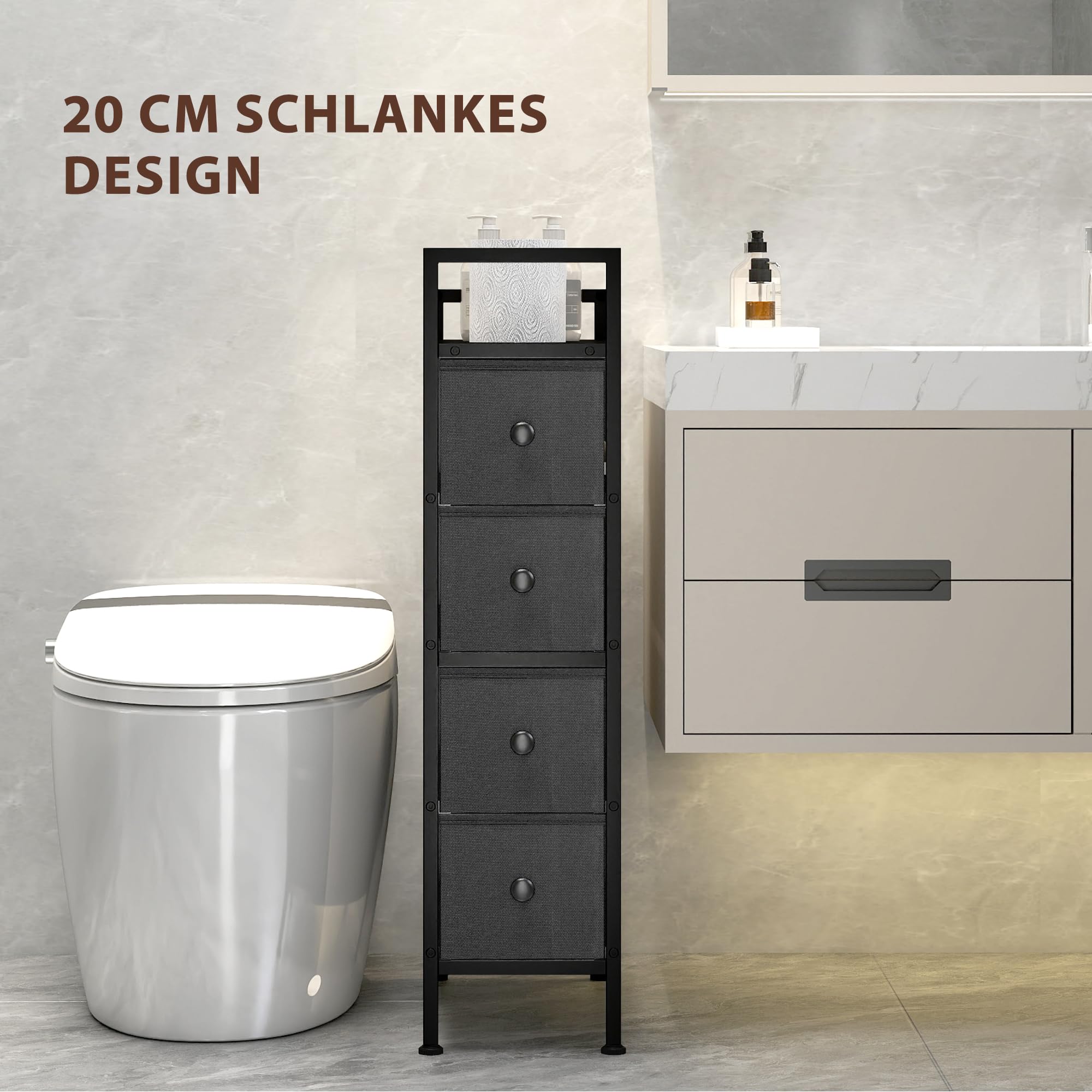 HOMCOM Kommode Schrank mit 4 Schubladen Schmal mit Stahlrahmen Schwarz