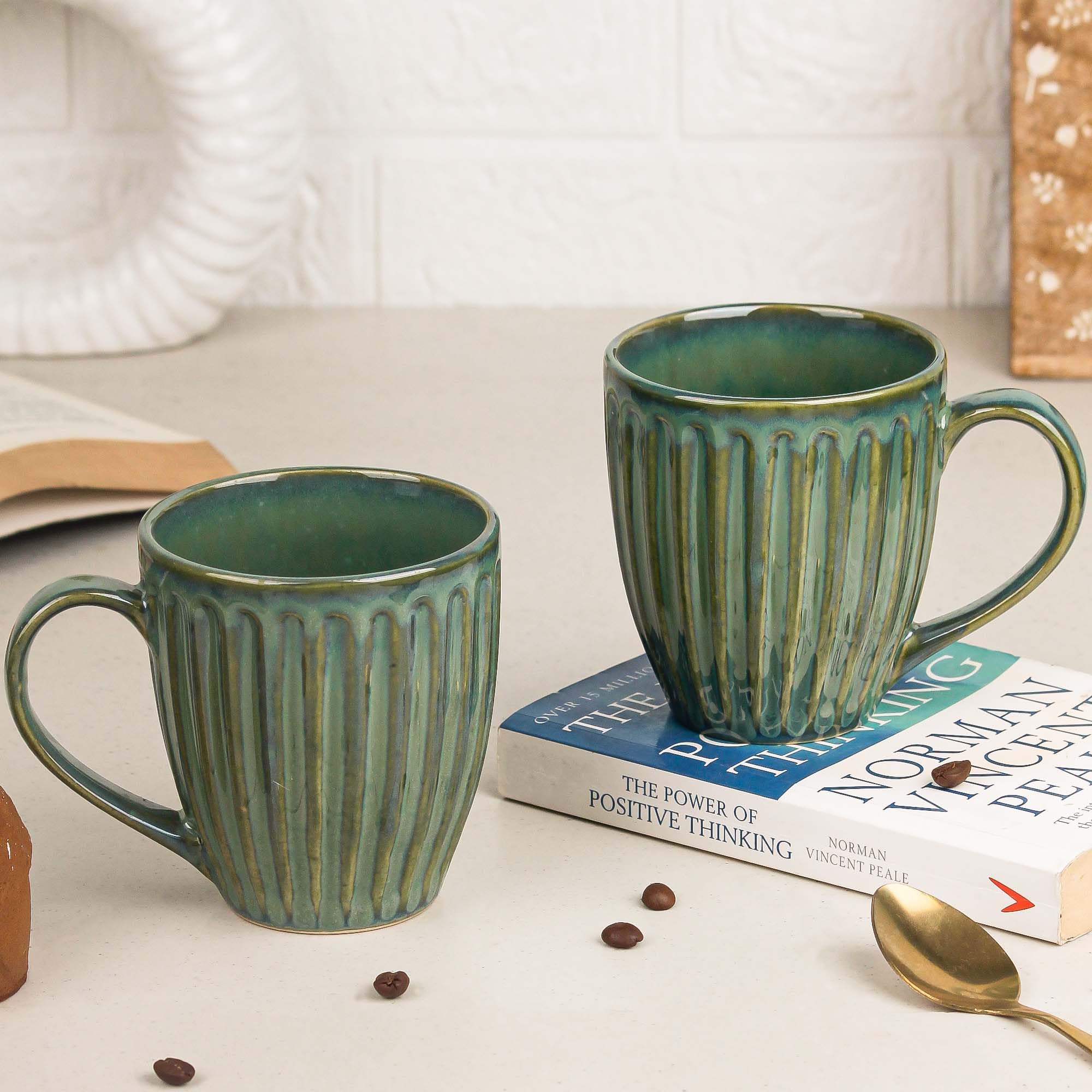 The Earth Store Glam Green Studio 330ml Ceramic Coffee Mug Microwave & Dishwasher Safe, Coffee Mug for Gift | Ideal for Coffee, Tea, and More Ceramic Coffee Mugs Set of 2