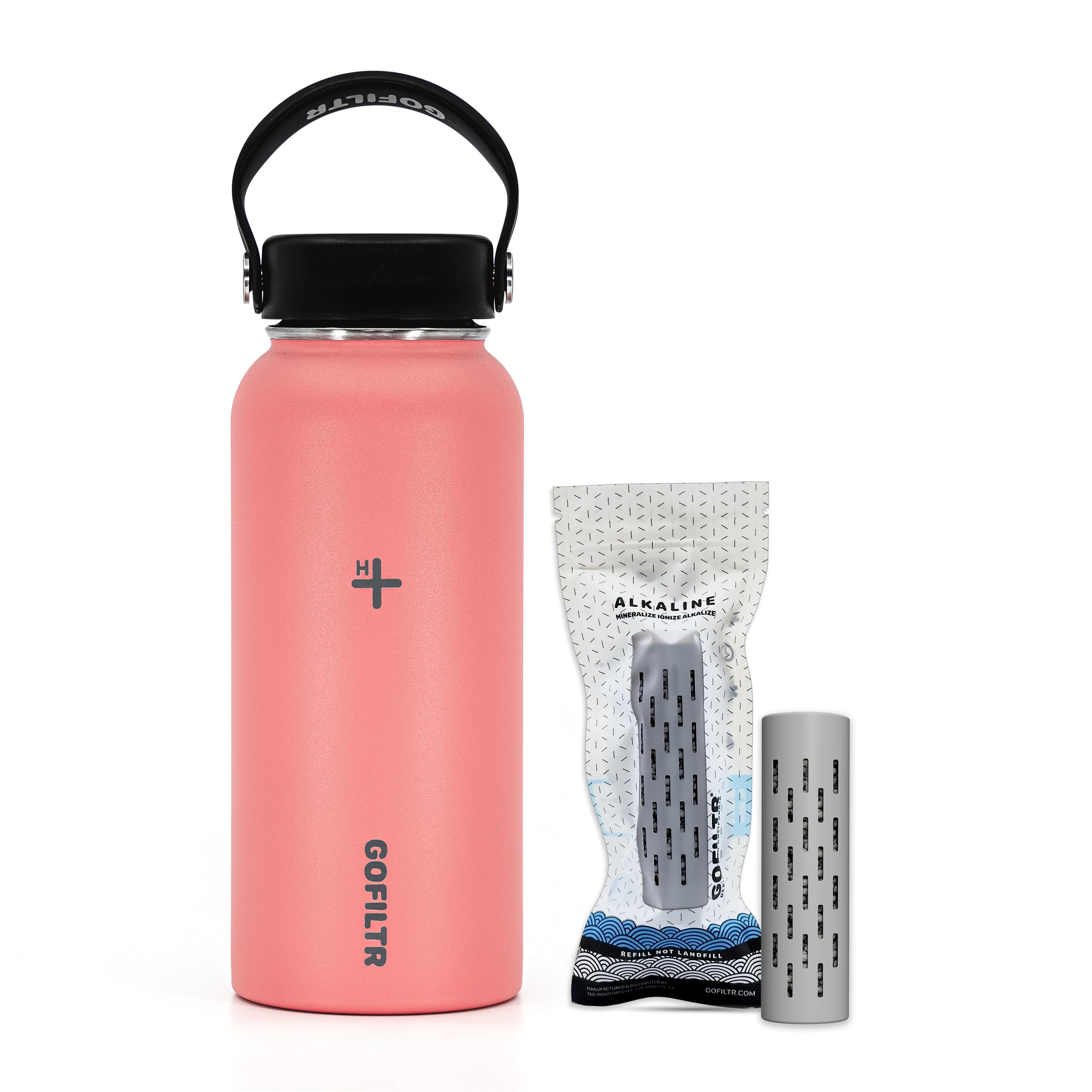 GOFILTR 32 oz Alkaline Water Bottle + 1 Alkaline Water Infuser 9.5 pH/Insulated Water Bottle That Creates Alkaline Water/Sport Water Jug, Color: Coral