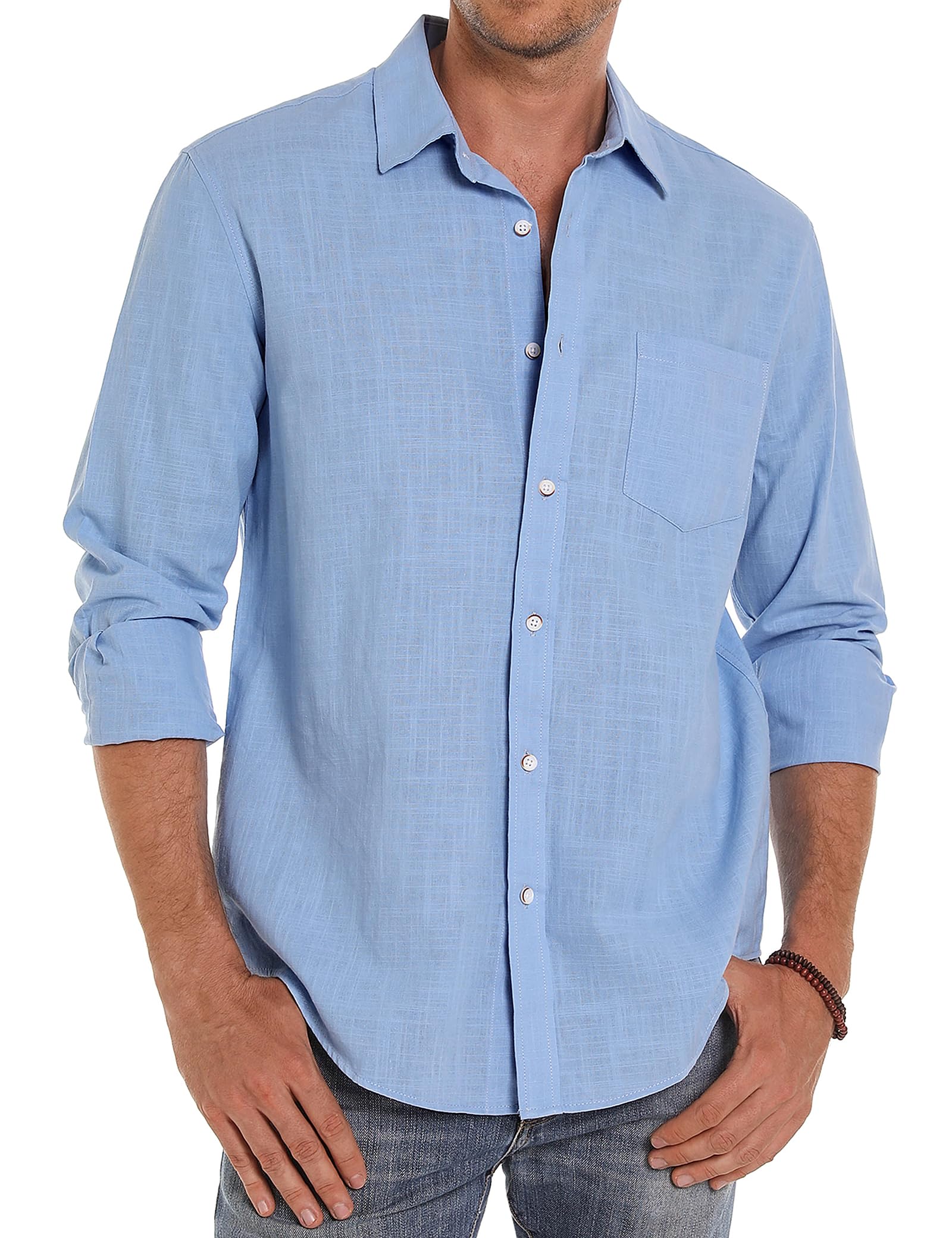 iClosam Camisa de Hombre Manga Larga Camisas Casual para Hombre Algodón Bolsillo Delantero Color SóLido Camisa Lino Algodón Hombre con Botones