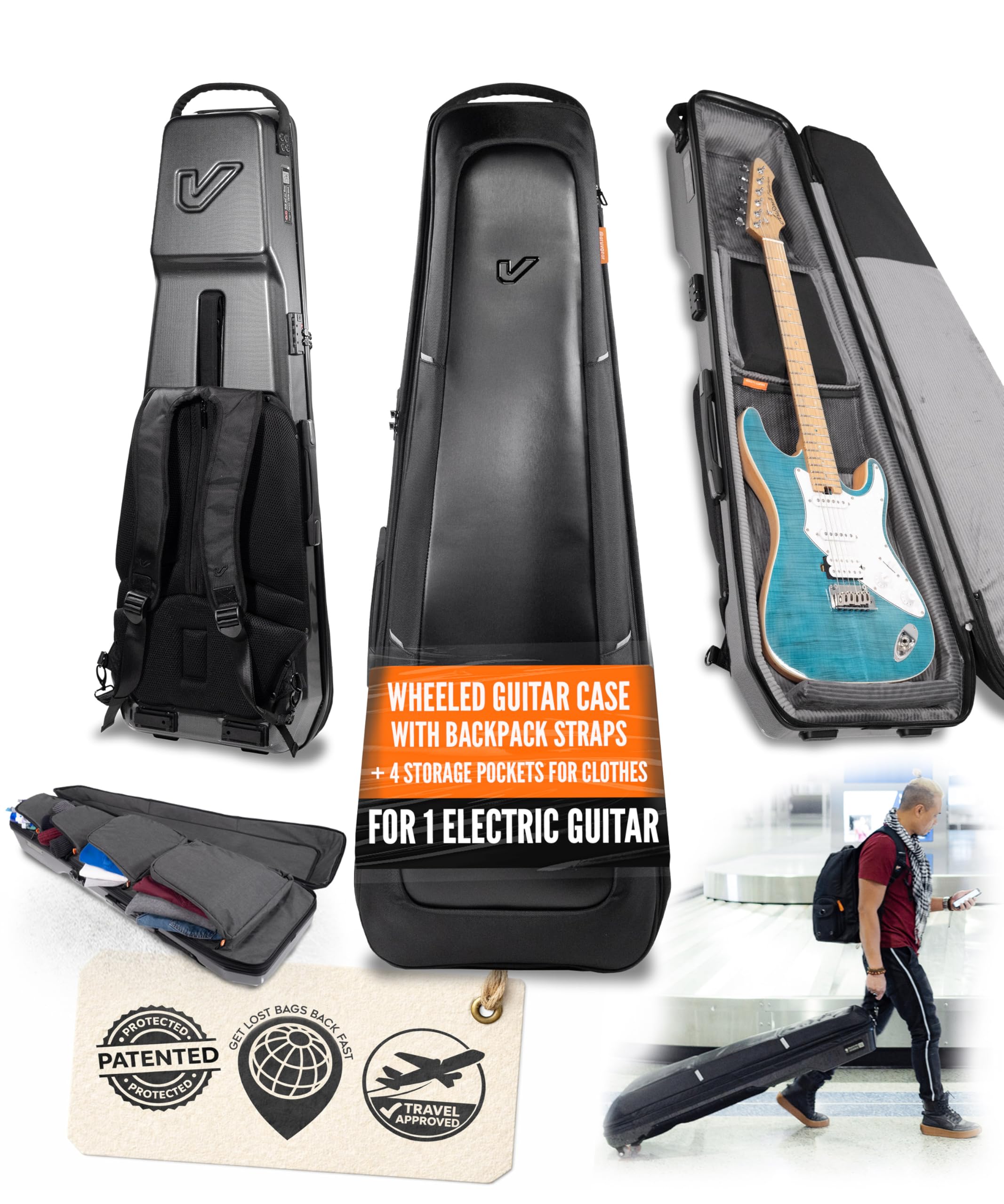 Gruv Gear Electric Guitar Case Hard, Patented Electric Guitar Gig Bag with Adjustable Backpack Straps, Easy Rolling Wheels, Travel Approved, Multiple Pockets for Guitar Accessories, Holds 1 Instrument