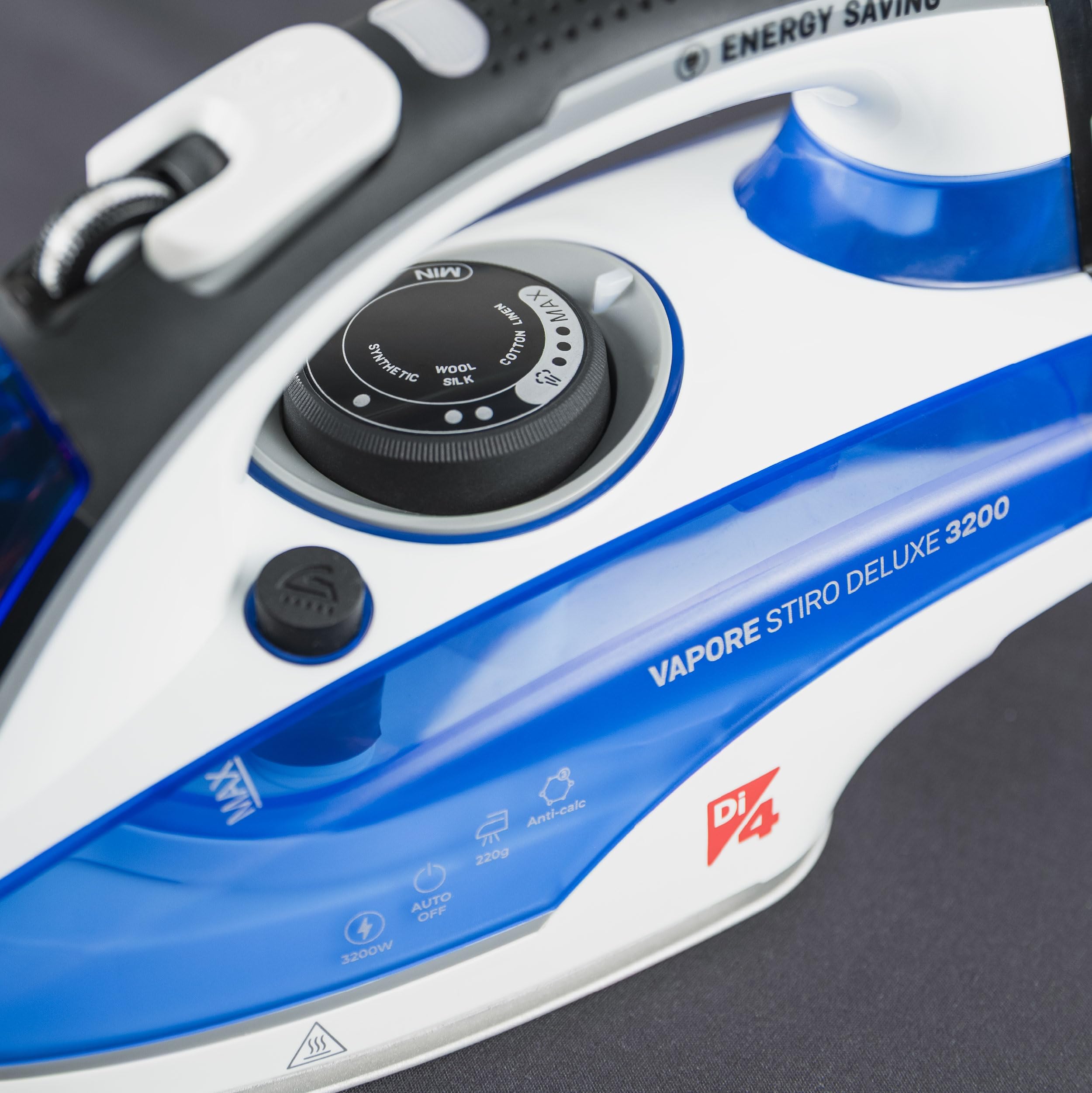 Di4 Vapore Stiro Deluxe Plancha de Vapor 3200W, Golpe de Vapor 260g, Vapor Continuo 50g/min, Suela Cerámica PrimeGlide, Sistema Antical 3 en 1, Antigoteo, Depósito 350ml, Planchado Vertical